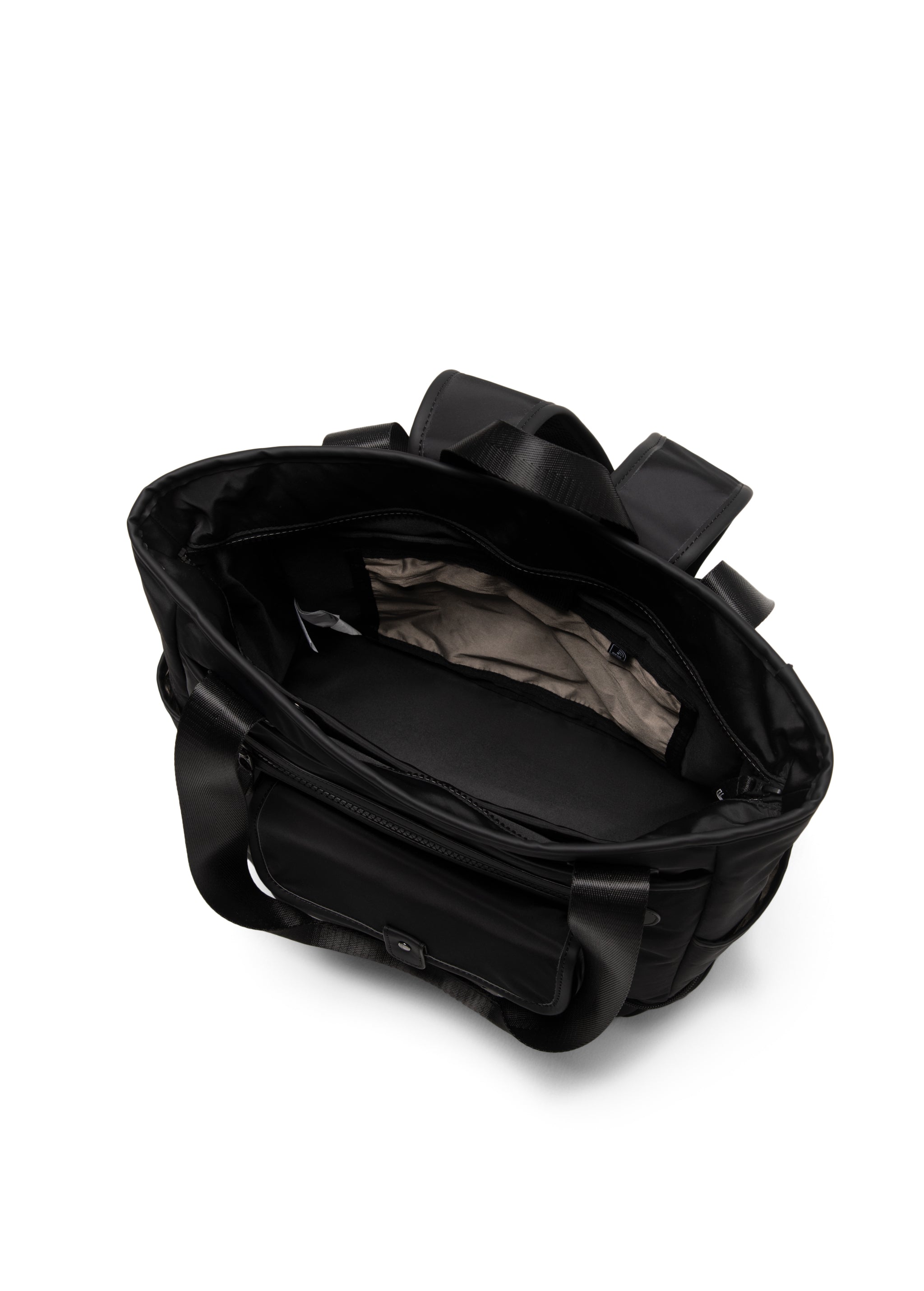 Lolë Lily 2.0 bag in black, top-down view into the open compartment showing the light lining