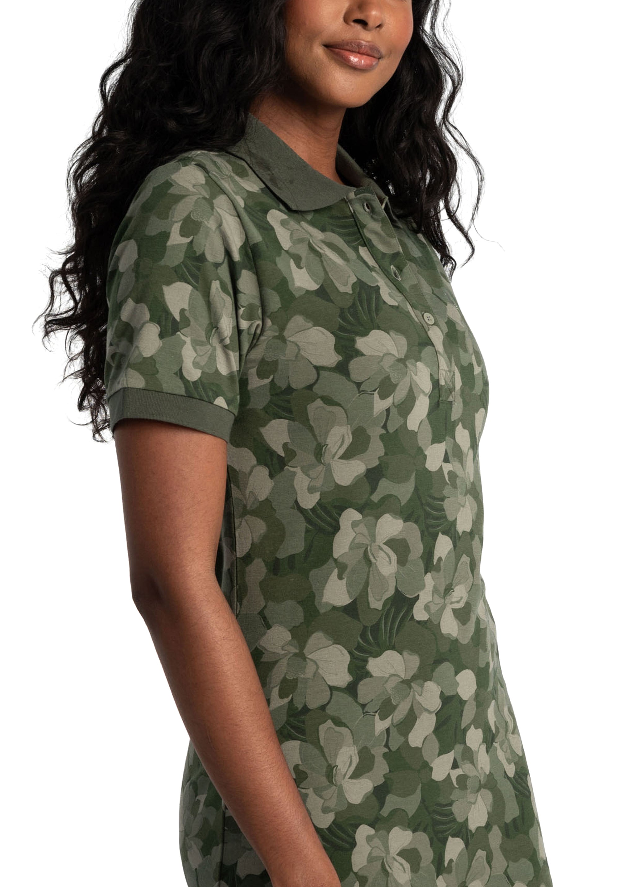 Lolë Effortless Polo Dress in olive green floral print — your perfect go-to dress, no matter the occasion