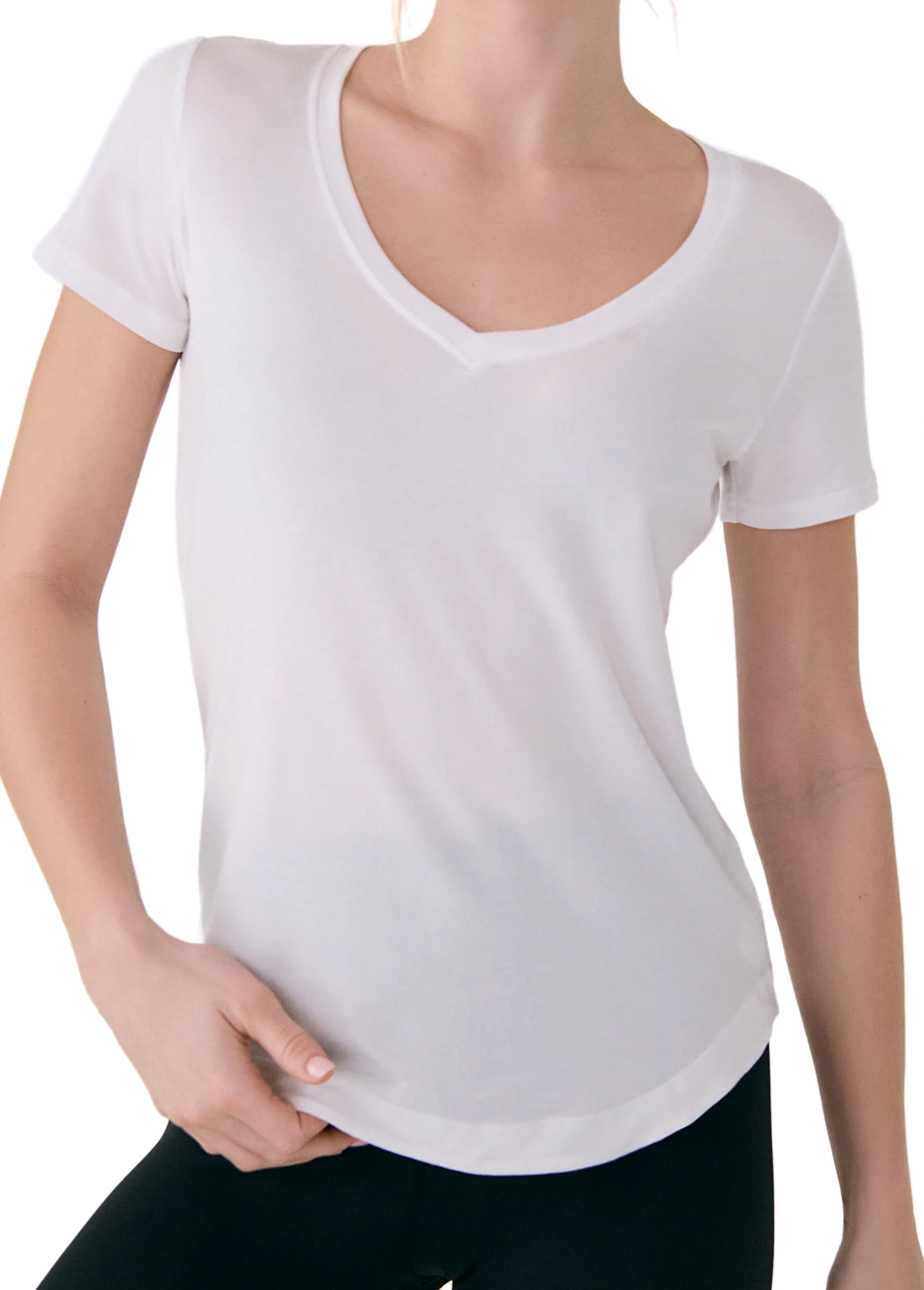 Lolë Dynamic V-neck in white — this V-neck tee proves that everyday essentials can still feel special
