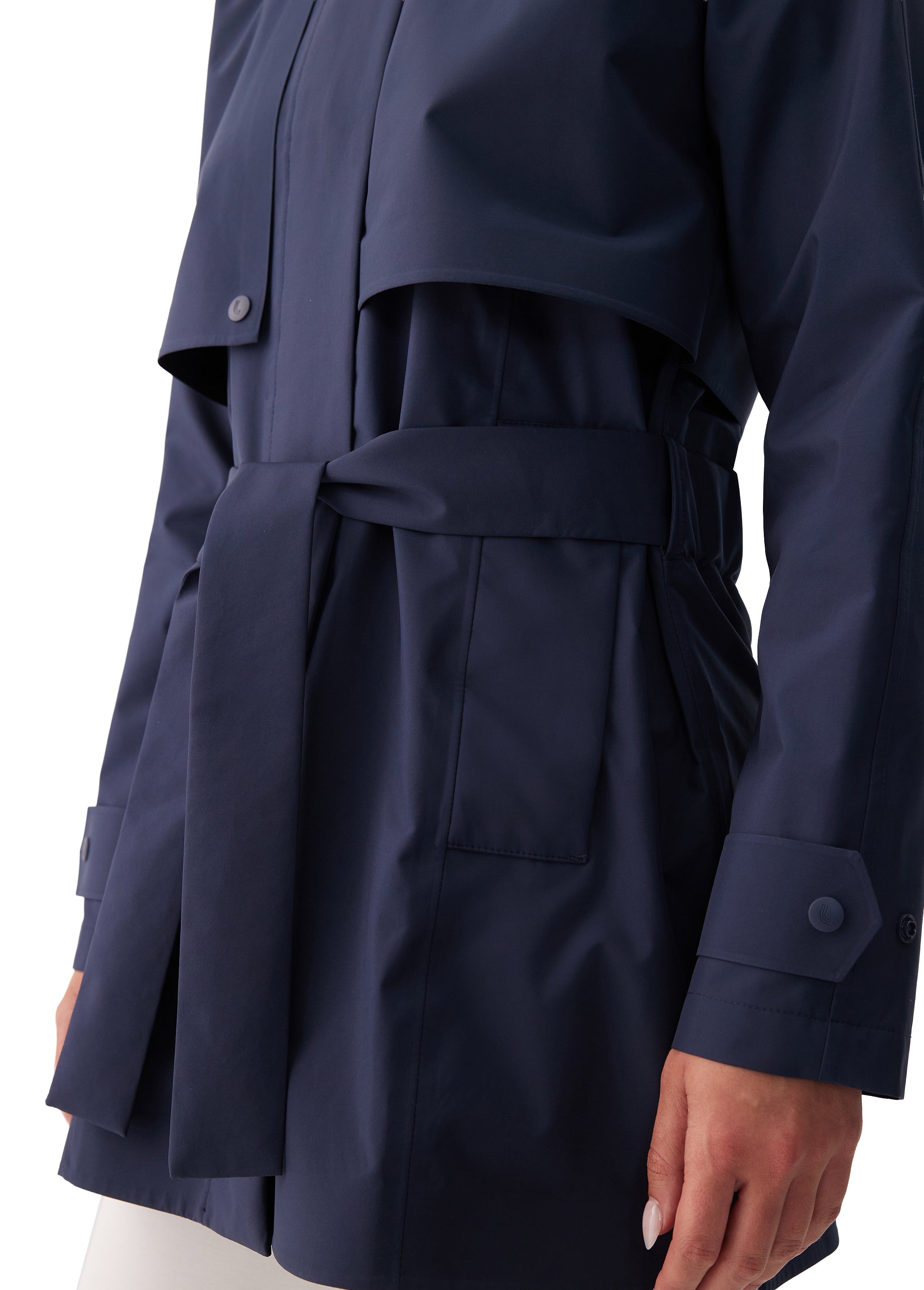 Lolë Alizé Short Trench Coat in Outerspace navy — fit note: Cut with a relaxed fit for comfortable layering