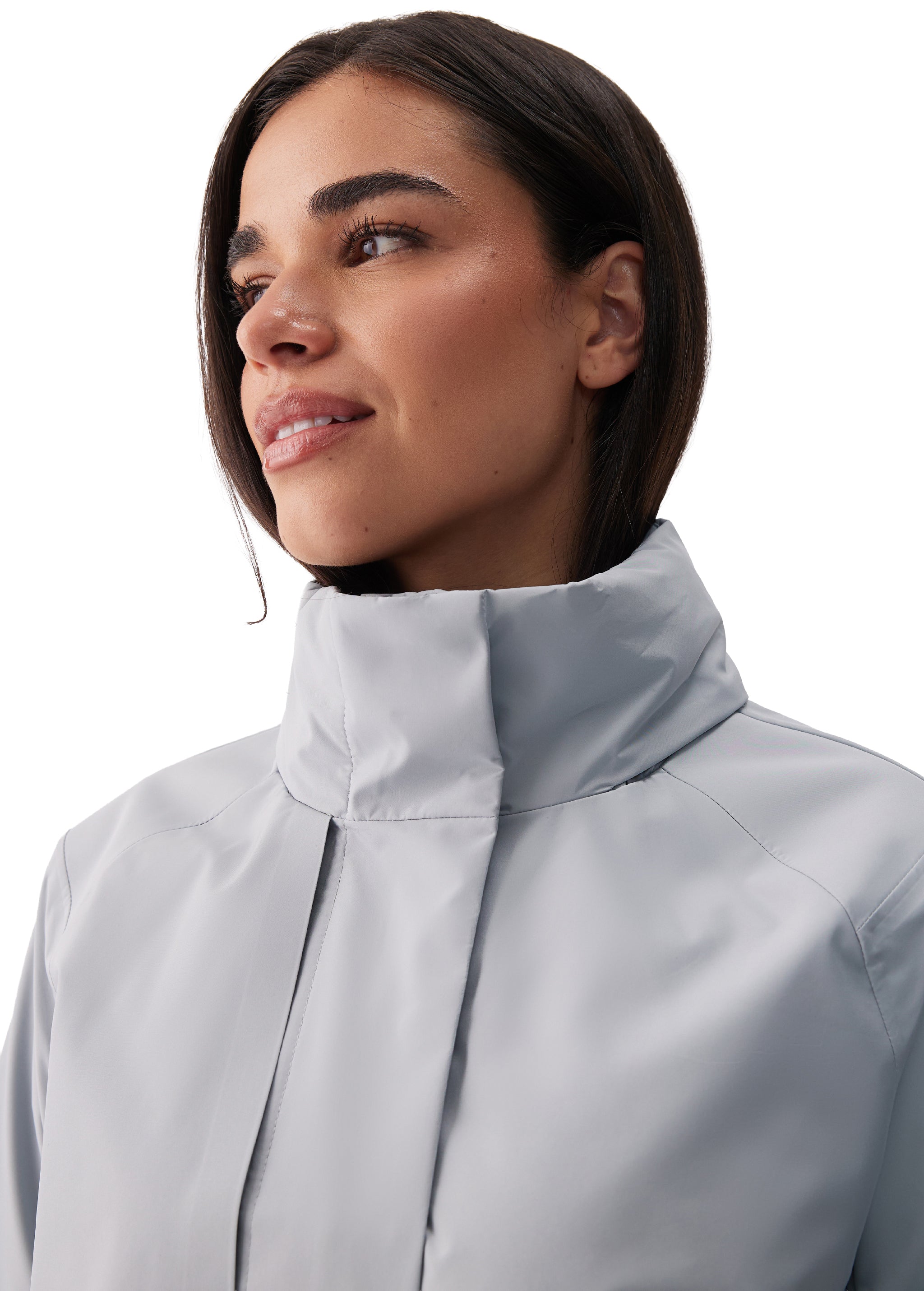Lolë Alizé Short Trench Coat in Steel light grey — fit note: Cut with a relaxed fit for comfortable layering