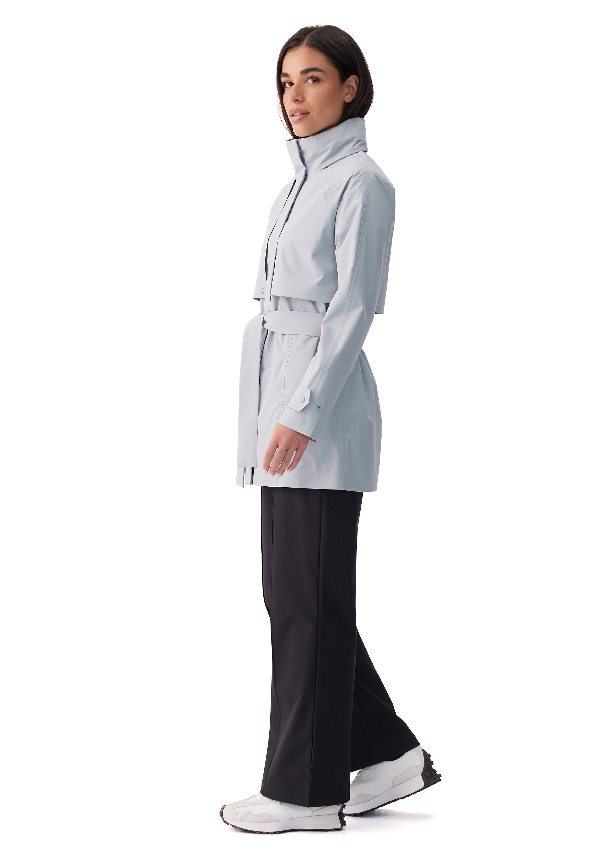 Lolë Alizé Short Trench Coat in Steel light grey — fit note: Cut with a relaxed fit for comfortable layering