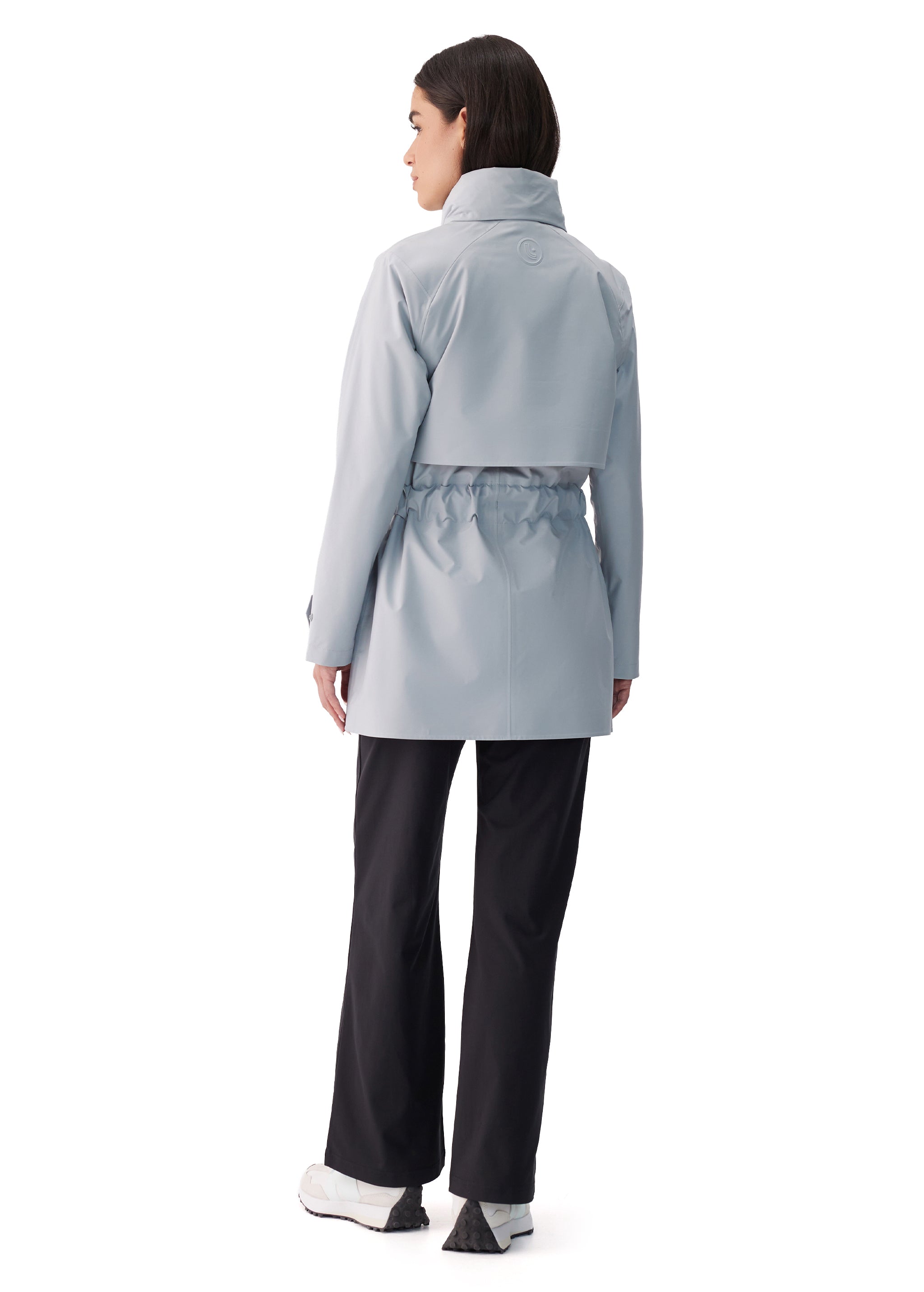 Lolë Alizé Short Trench Coat in Steel light grey — fit note: Cut with a relaxed fit for comfortable layering
