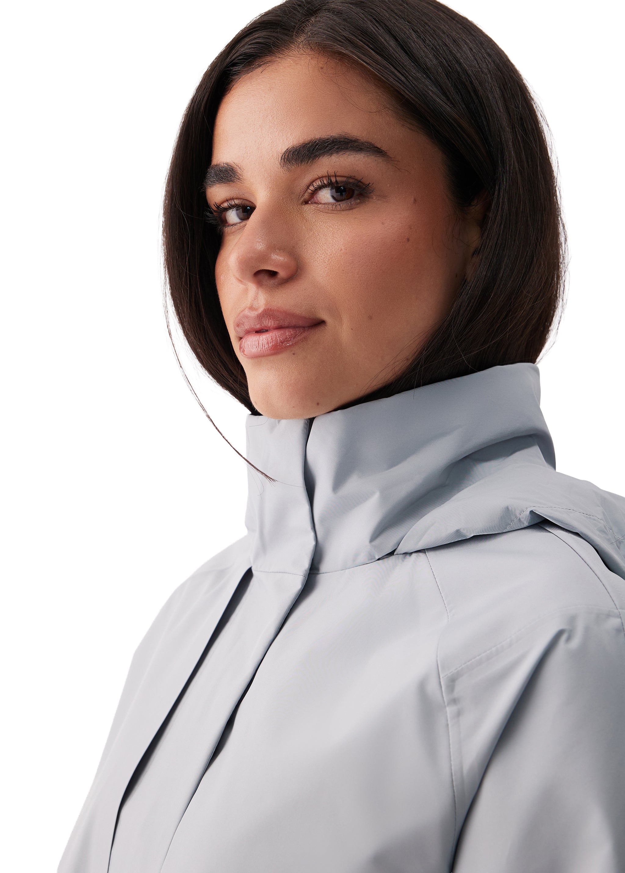 Lolë Alizé Short Trench Coat in Steel light grey — fit note: Cut with a relaxed fit for comfortable layering
