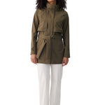Lolë Alizé Short Trench Coat in Moss olive green — fit note: Cut with a relaxed fit for comfortable layering
