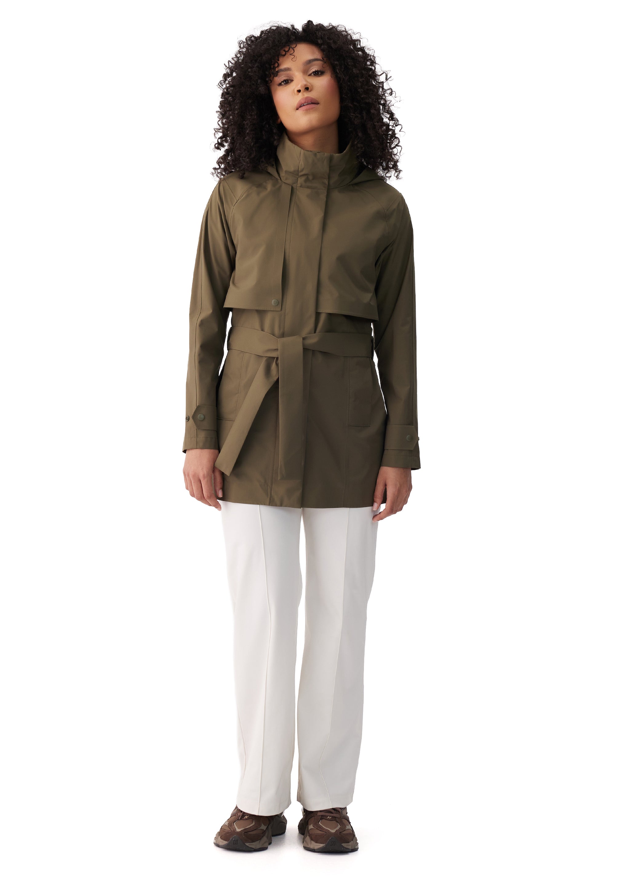 Lolë Alizé Short Trench Coat in Moss olive green — fit note: Cut with a relaxed fit for comfortable layering