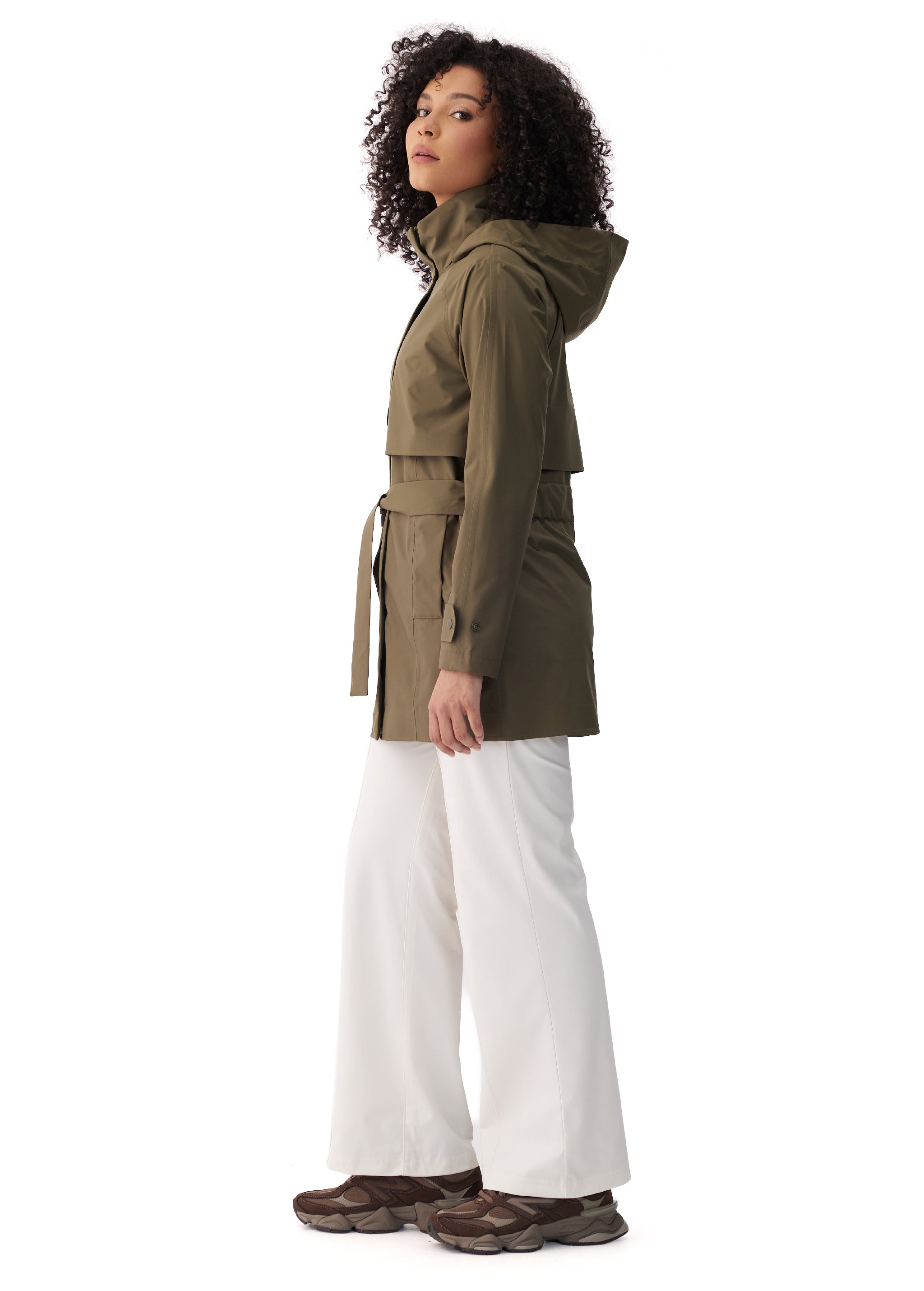 Lolë Alizé Short Trench Coat in Moss olive green — fit note: Cut with a relaxed fit for comfortable layering