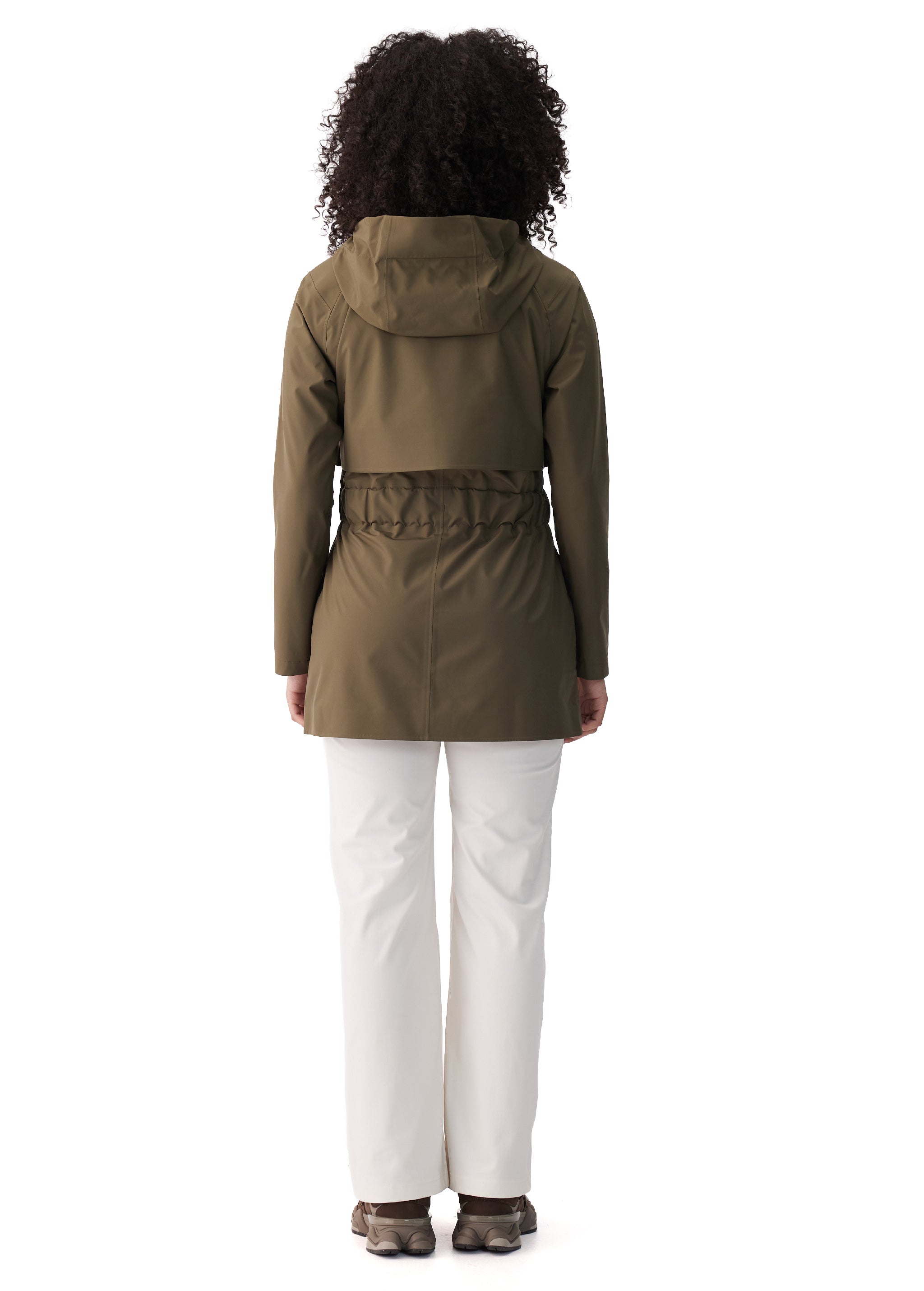 Lolë Alizé Short Trench Coat in Moss olive green — fit note: Cut with a relaxed fit for comfortable layering