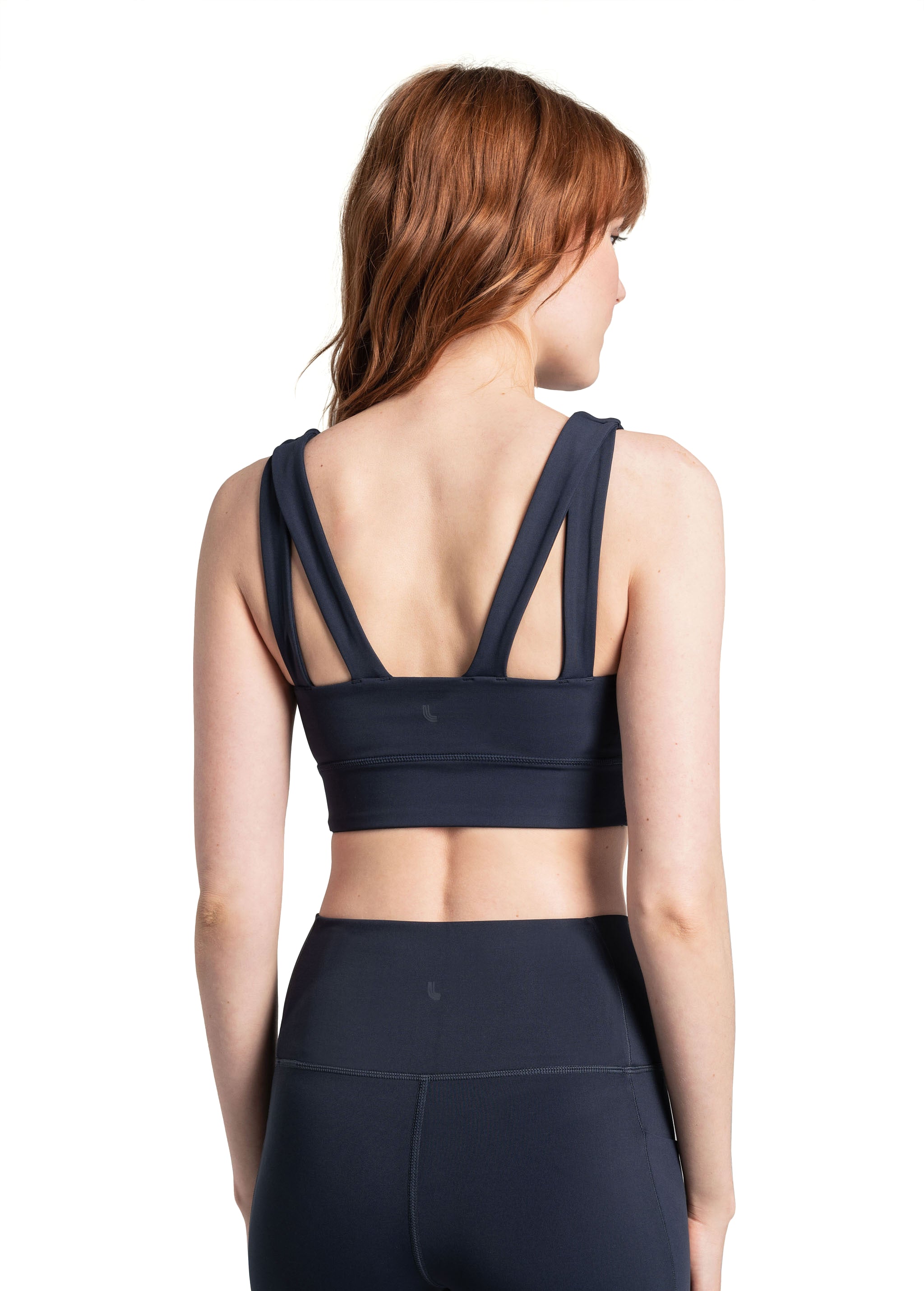 Lolë Step Up Bra in Outerspace navy — this high-support longline sports bra sets you in motion