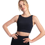 Lolë Step Up Bra in black — this high-support longline sports bra sets you in motion