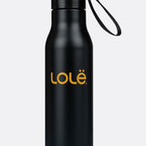 Lolë Refresh Water Bottle in black — features a wristlet strap for easy on-the-go hydration