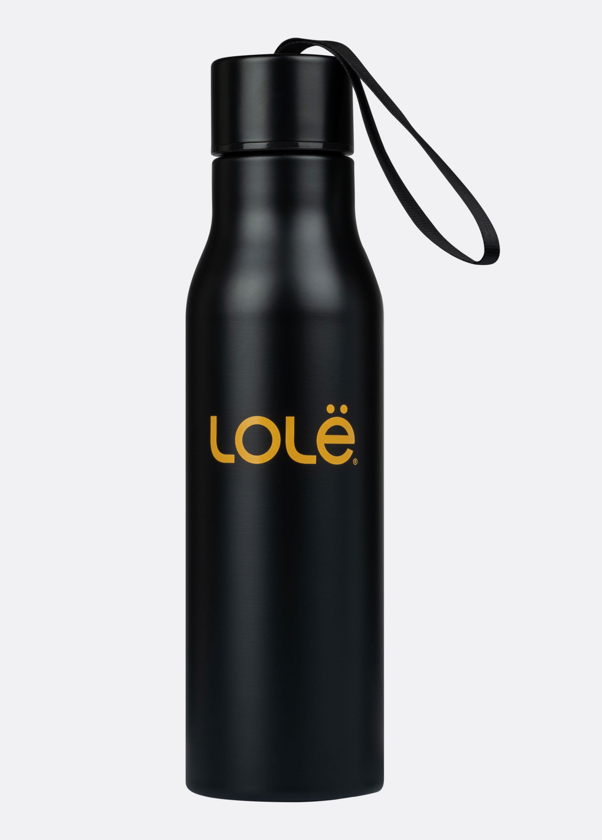 Lolë Refresh Water Bottle in black — features a wristlet strap for easy on-the-go hydration