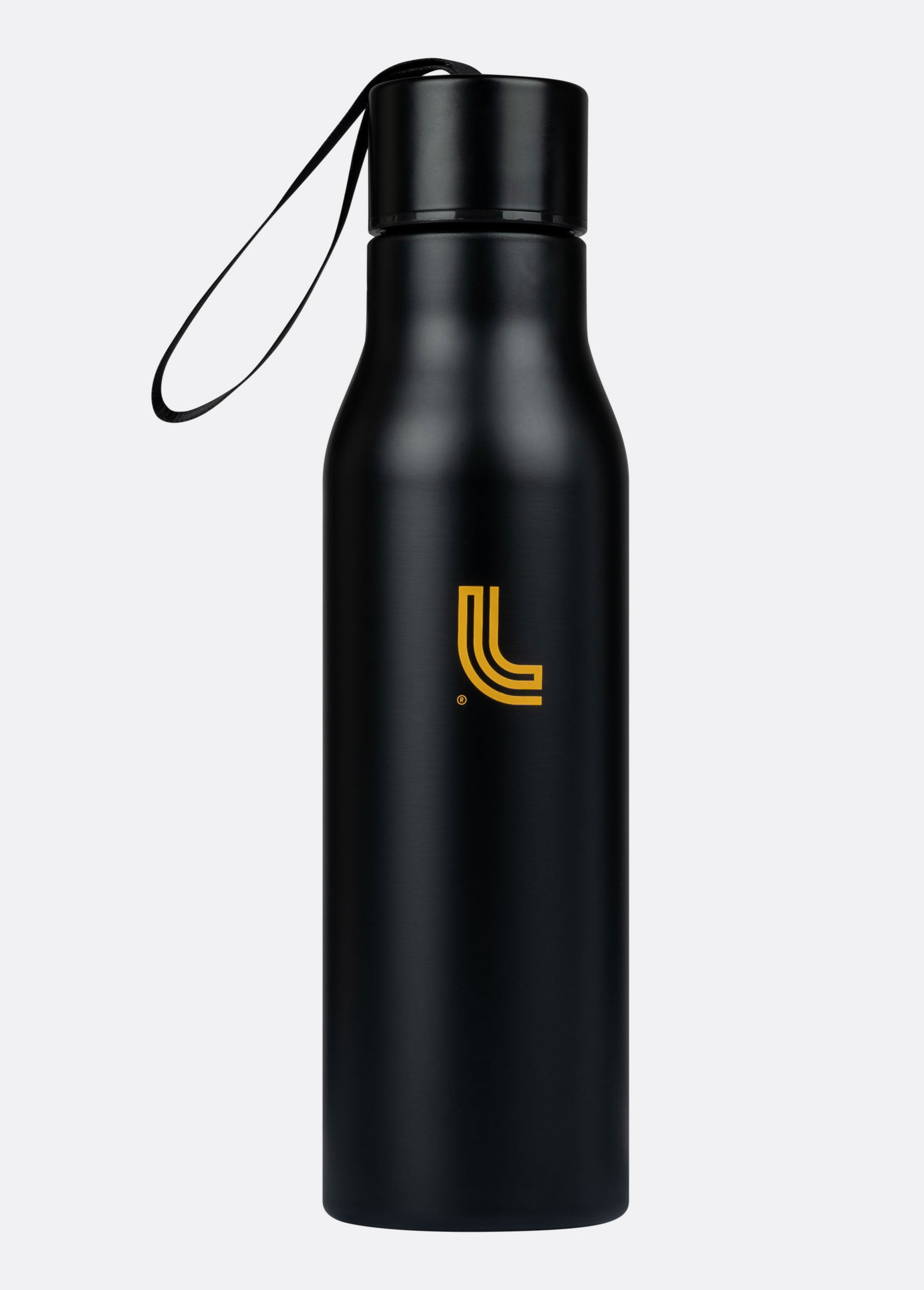 Lolë Refresh Water Bottle in black — features a wristlet strap for easy on-the-go hydration