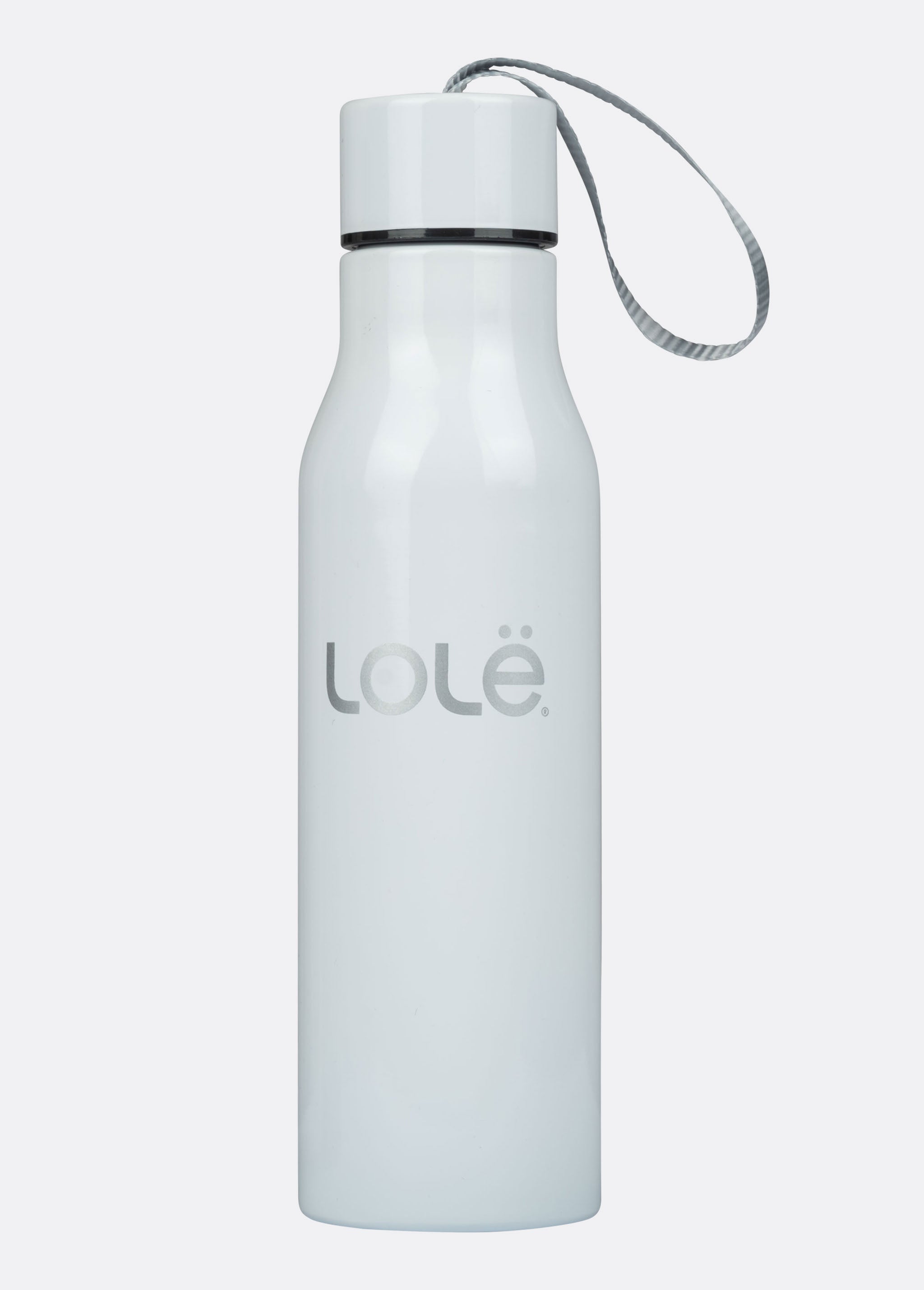 Lolë Refresh Water Bottle in white — features a wristlet strap for easy on-the-go hydration
