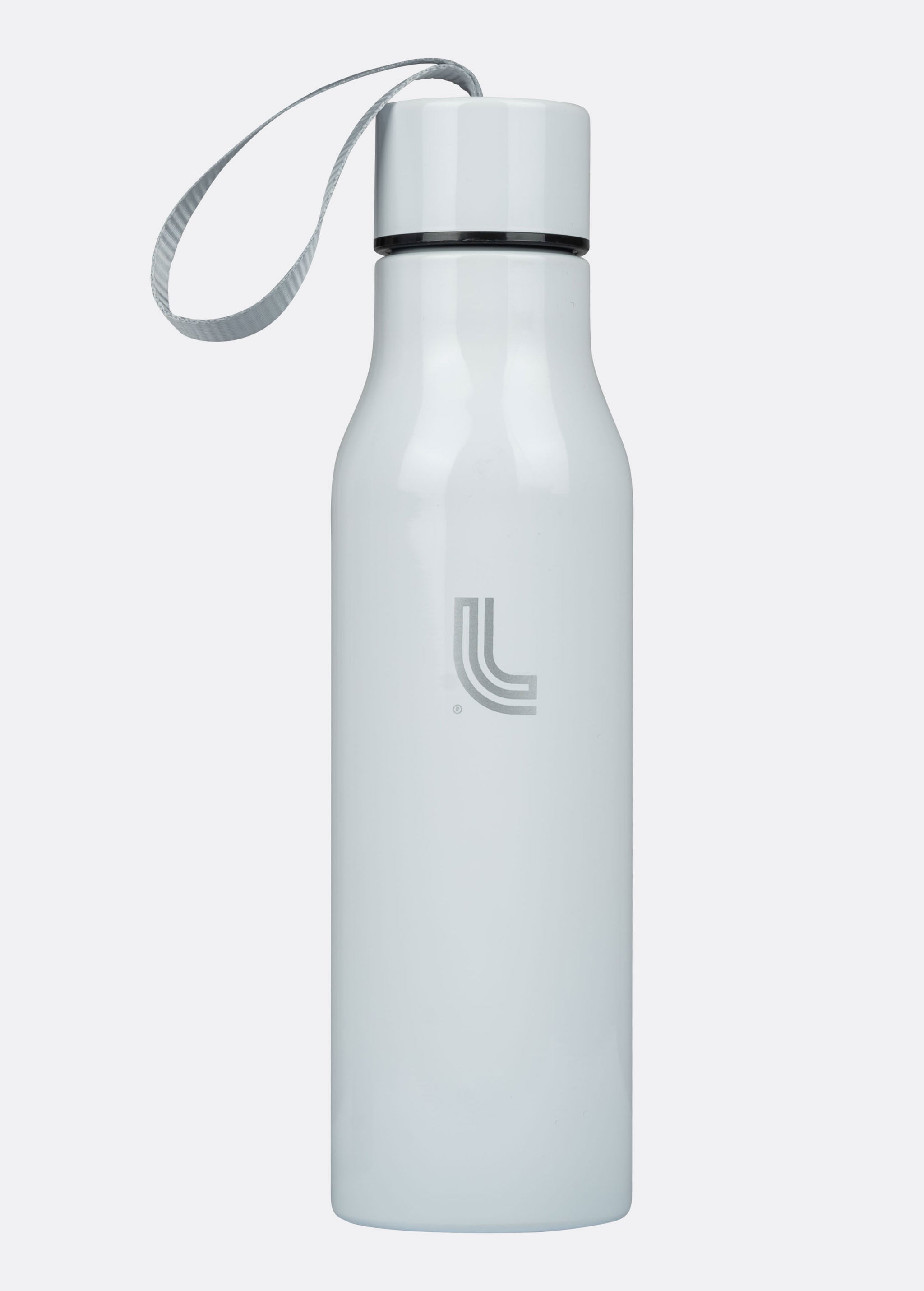 Lolë Refresh Water Bottle in white — features a wristlet strap for easy on-the-go hydration