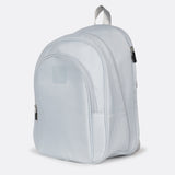 Lolë Chelsea backpack in pale grey, angled front product shot highlighting the rounded shape and side pocket