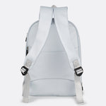 Lolë Chelsea backpack in pale grey, back product view of the contoured padded straps and webbing adjusters