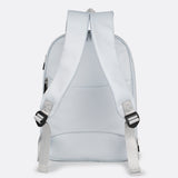Lolë Chelsea backpack in pale grey, back product view of the contoured padded straps and webbing adjusters