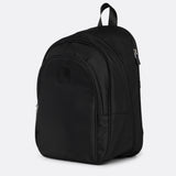 Lolë Chelsea backpack in black, three-quarter product shot showing the front zip pocket and rounded silhouette