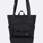 Lolë Lily 2.0 bag in black, standalone front view with tote handles up, front zip pocket and flap compartment