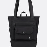 Lolë Lily 2.0 bag in black, standalone front view with tote handles up, front zip pocket and flap compartment