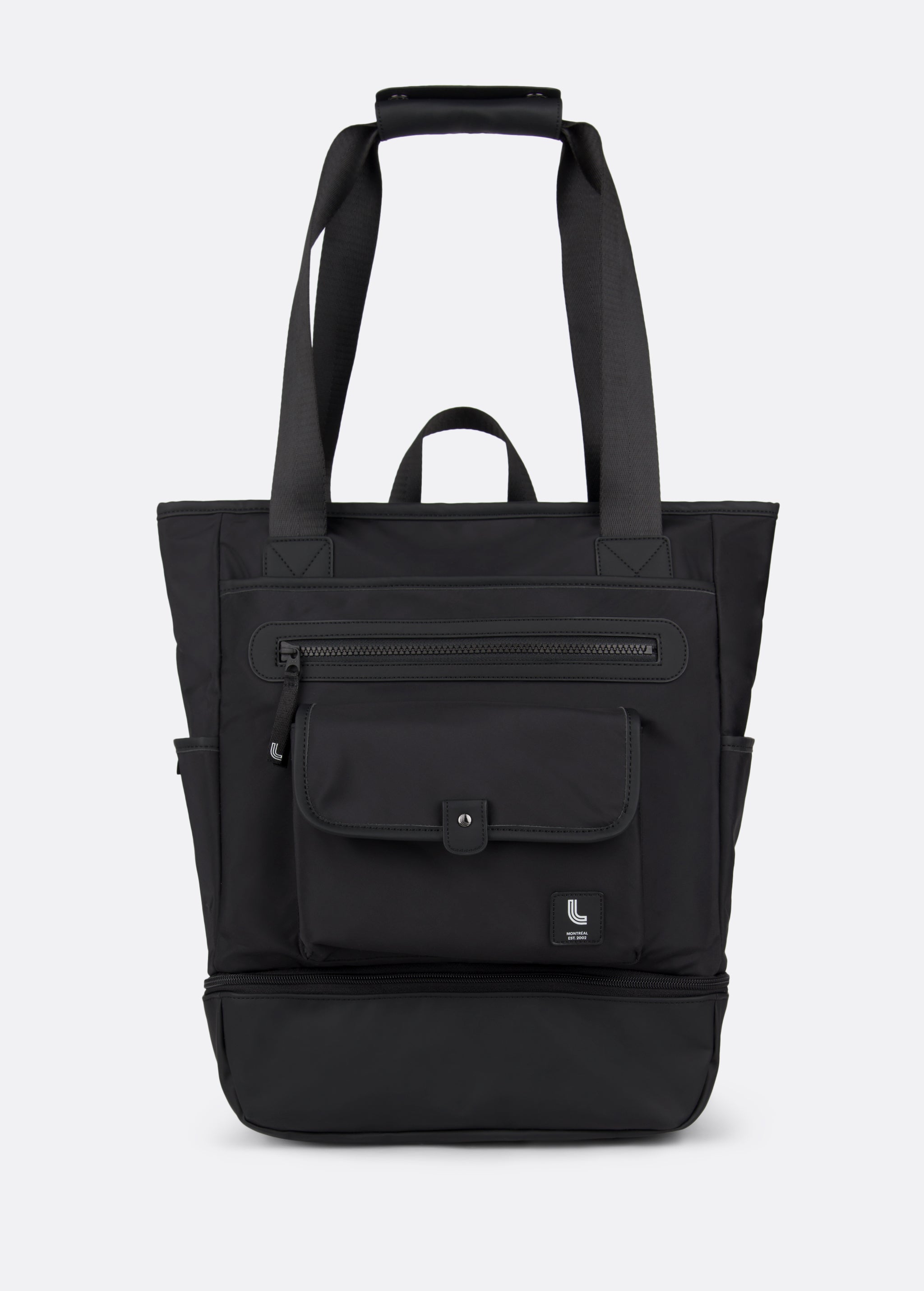 Lolë Lily 2.0 bag in black, standalone front view with tote handles up, front zip pocket and flap compartment