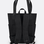 Lolë Lily 2.0 bag in black, standalone back view showing the padded backpack straps and long shoulder strap