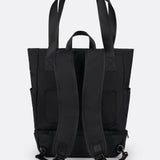 Lolë Lily 2.0 bag in black, standalone back view showing the padded backpack straps and long shoulder strap