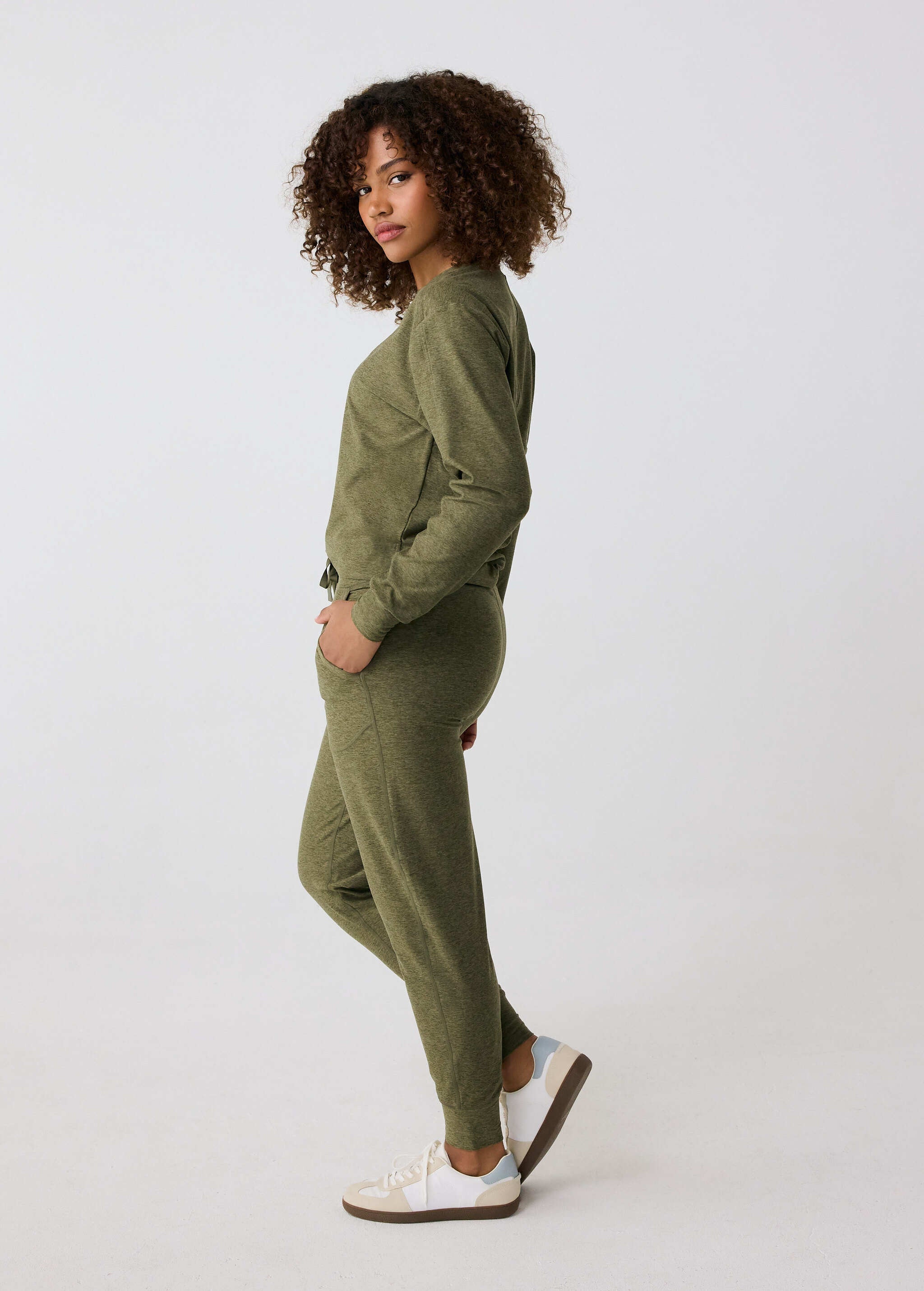 Lolë Om Tech Joggers in olive green — refresh your cozy basics with this jogger pant
