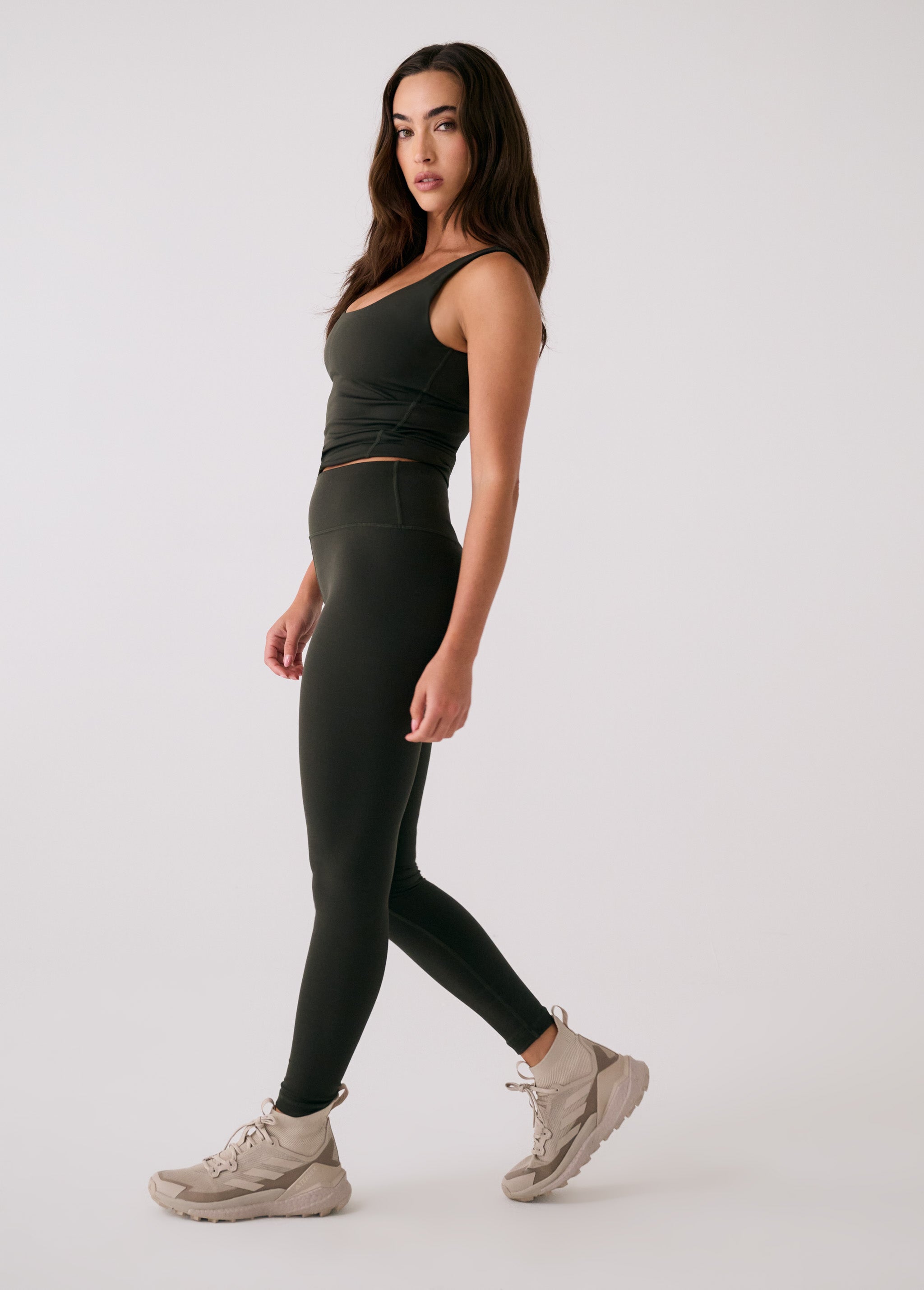 Lolë Serene Ankle Leggings in olive — pair it with a Serene tank or bra to complete the set