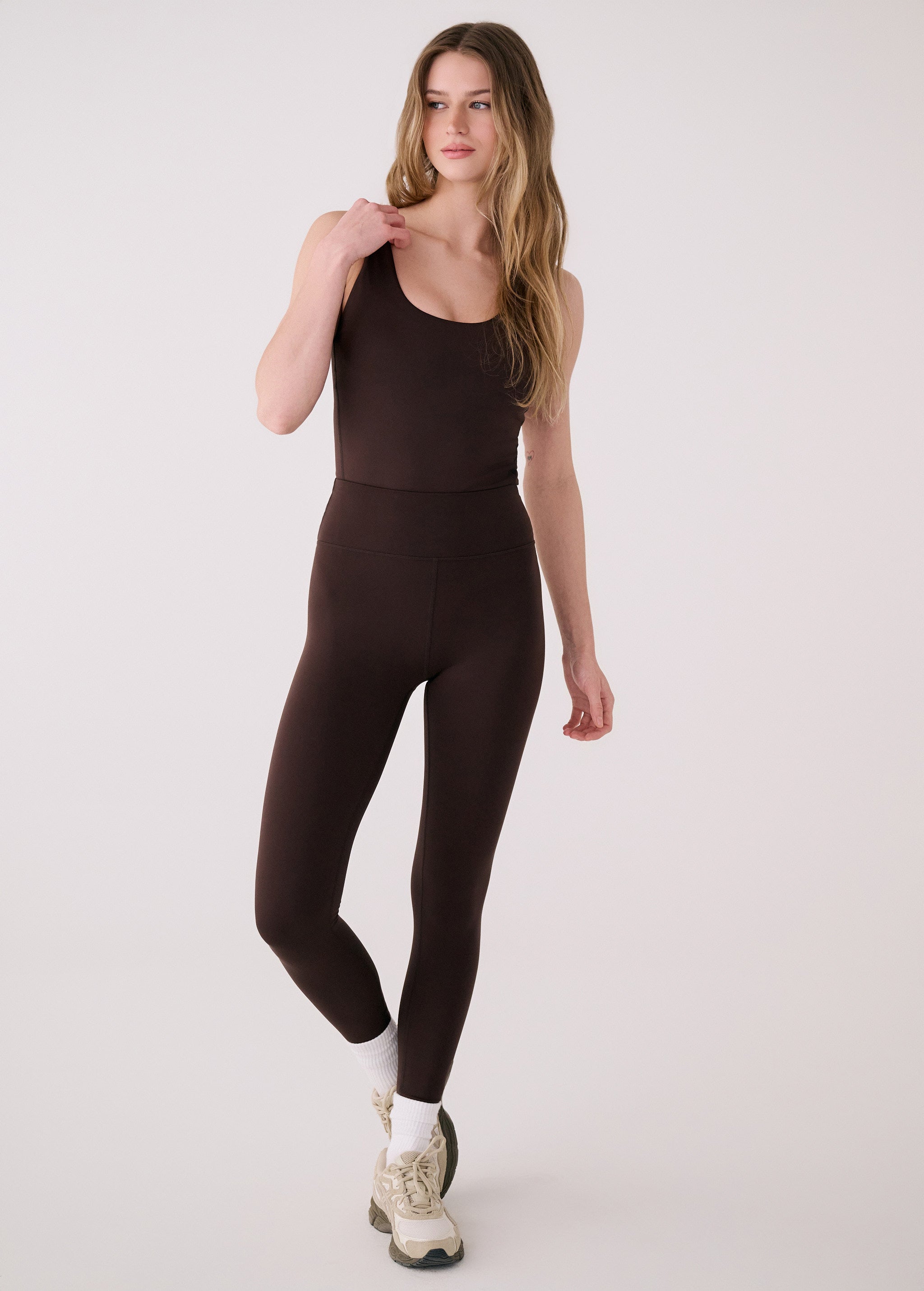 Lolë Serene Ankle Leggings in Java dark brown — pair it with a Serene tank or bra to complete the set