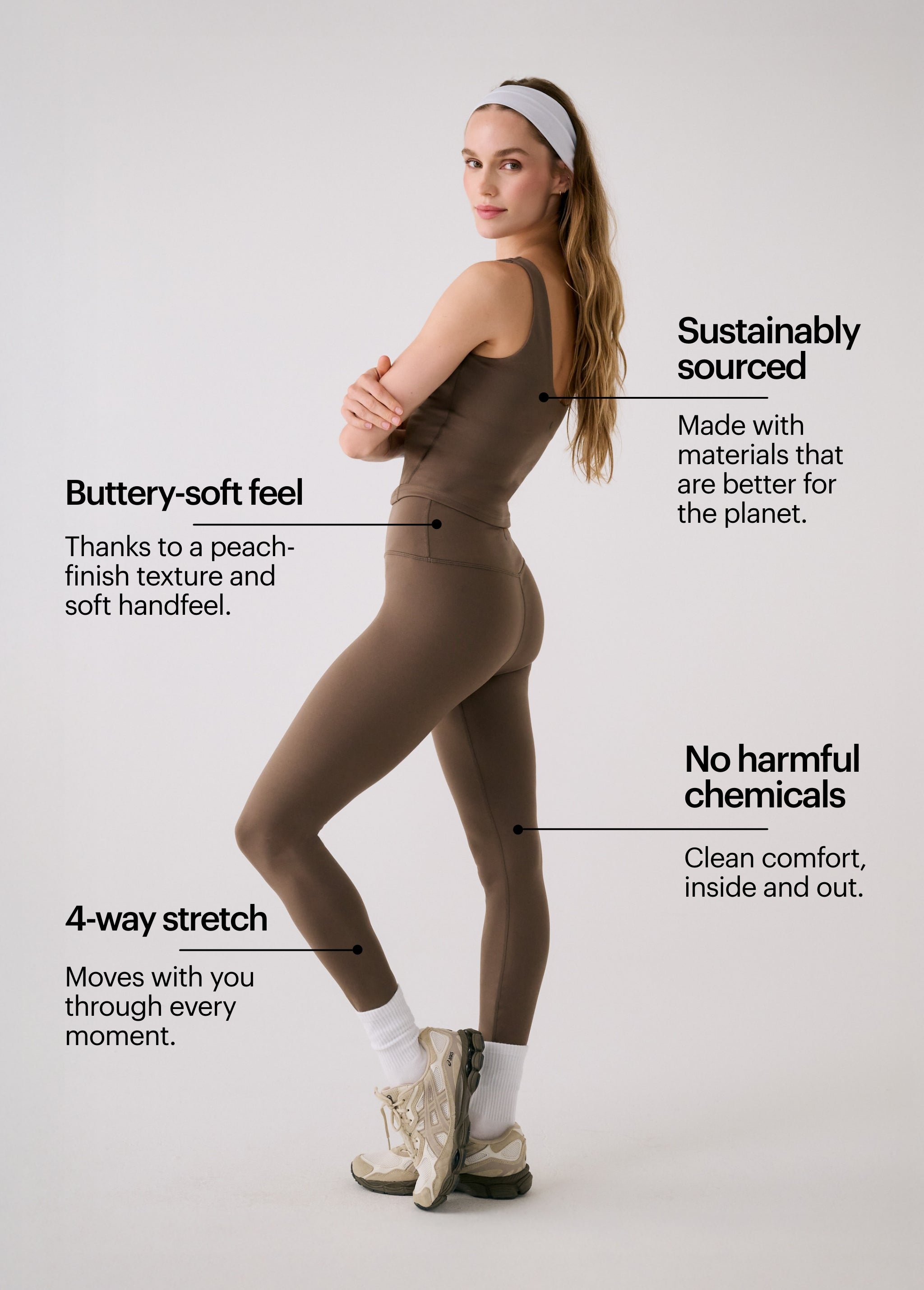 Lolë Serene Ankle Leggings in Mocha olive brown — pair it with a Serene tank or bra to complete the set