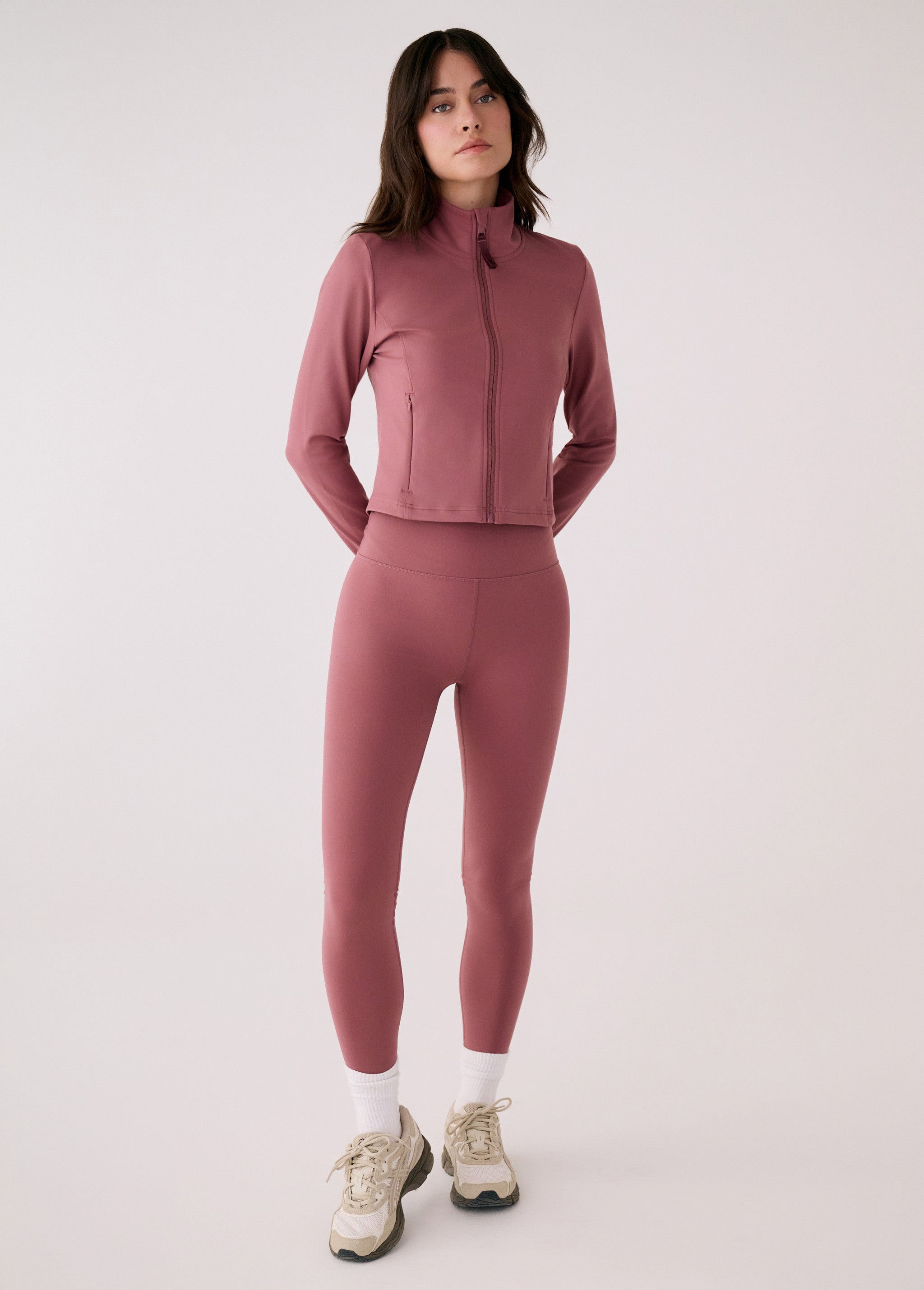 Lolë Serene Ankle Leggings in Mauveberry dusty rose — pair it with a Serene tank or bra to complete the set