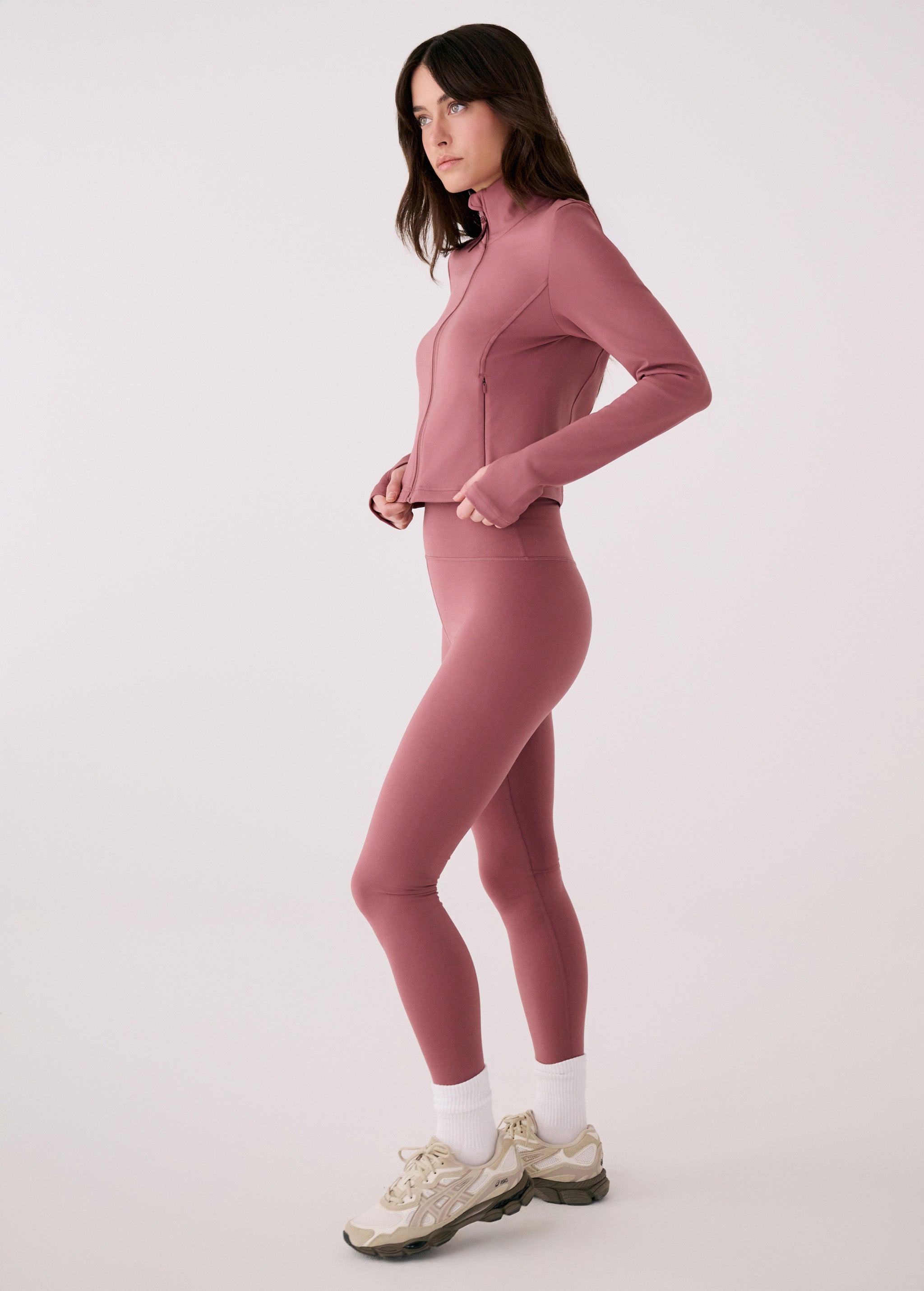 Lolë Serene Ankle Leggings in Mauveberry dusty rose — pair it with a Serene tank or bra to complete the set