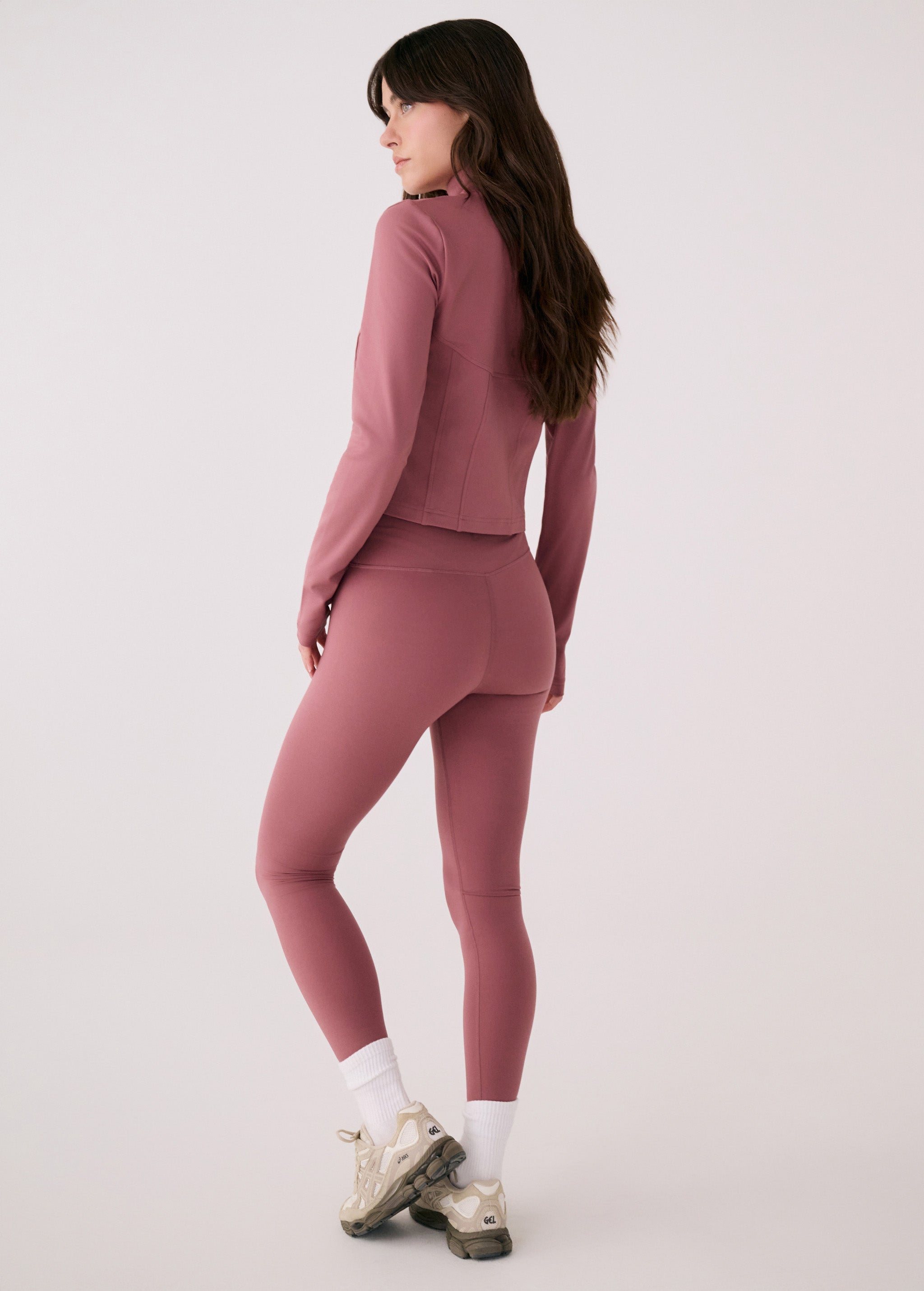 Lolë Serene Ankle Leggings in Mauveberry dusty rose — pair it with a Serene tank or bra to complete the set