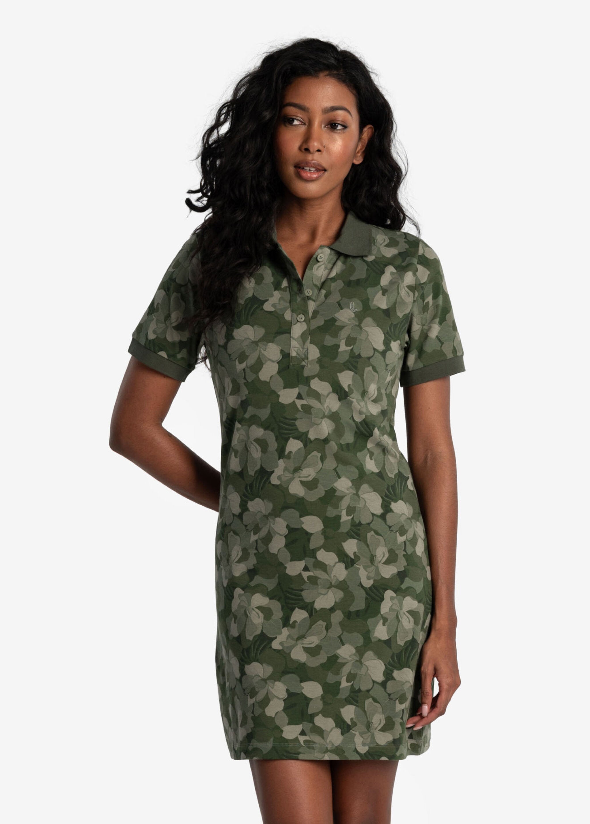 Lolë Effortless Polo Dress in olive green floral print — your perfect go-to dress, no matter the occasion