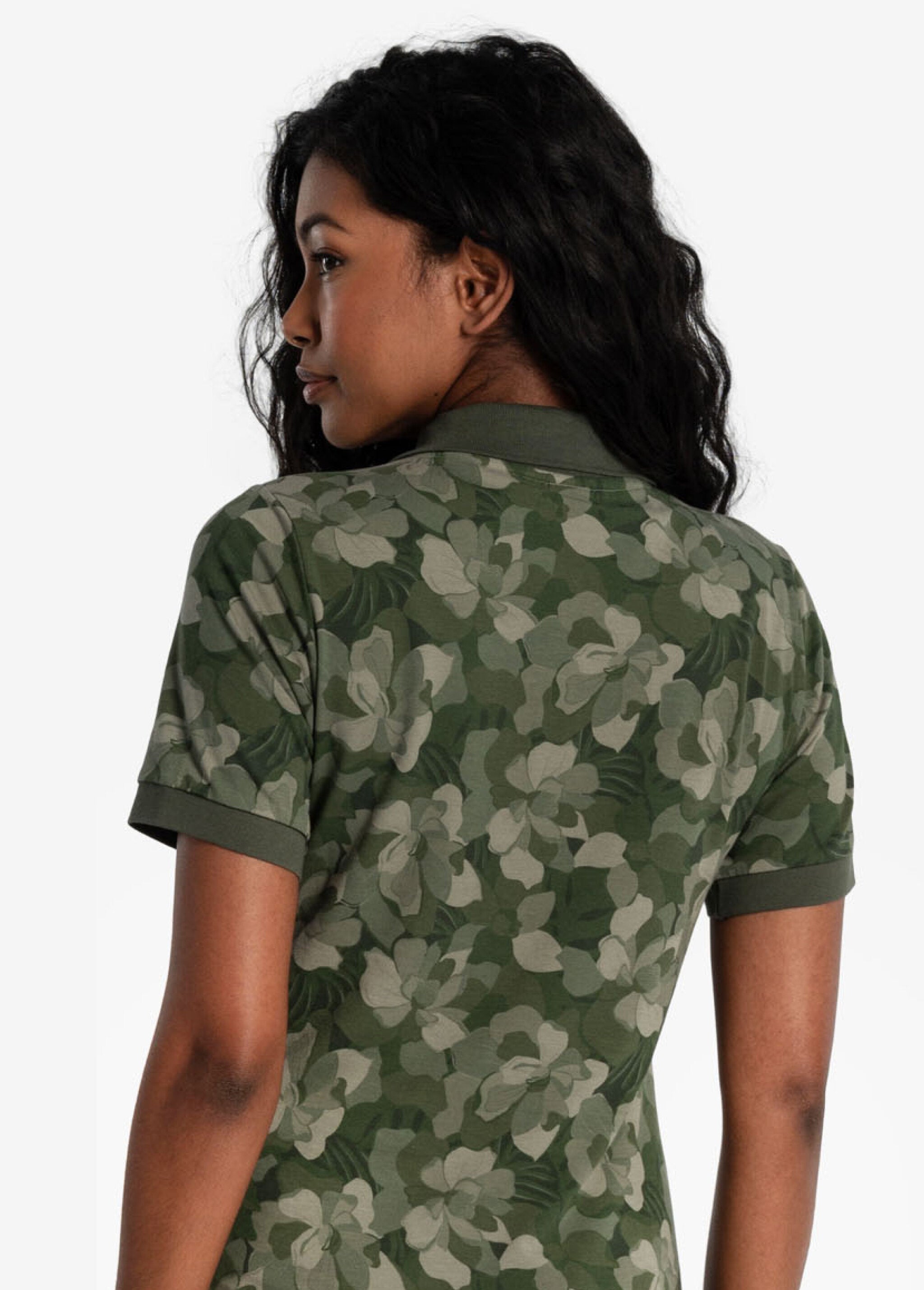 Lolë Effortless Polo Dress in olive green floral print — your perfect go-to dress, no matter the occasion