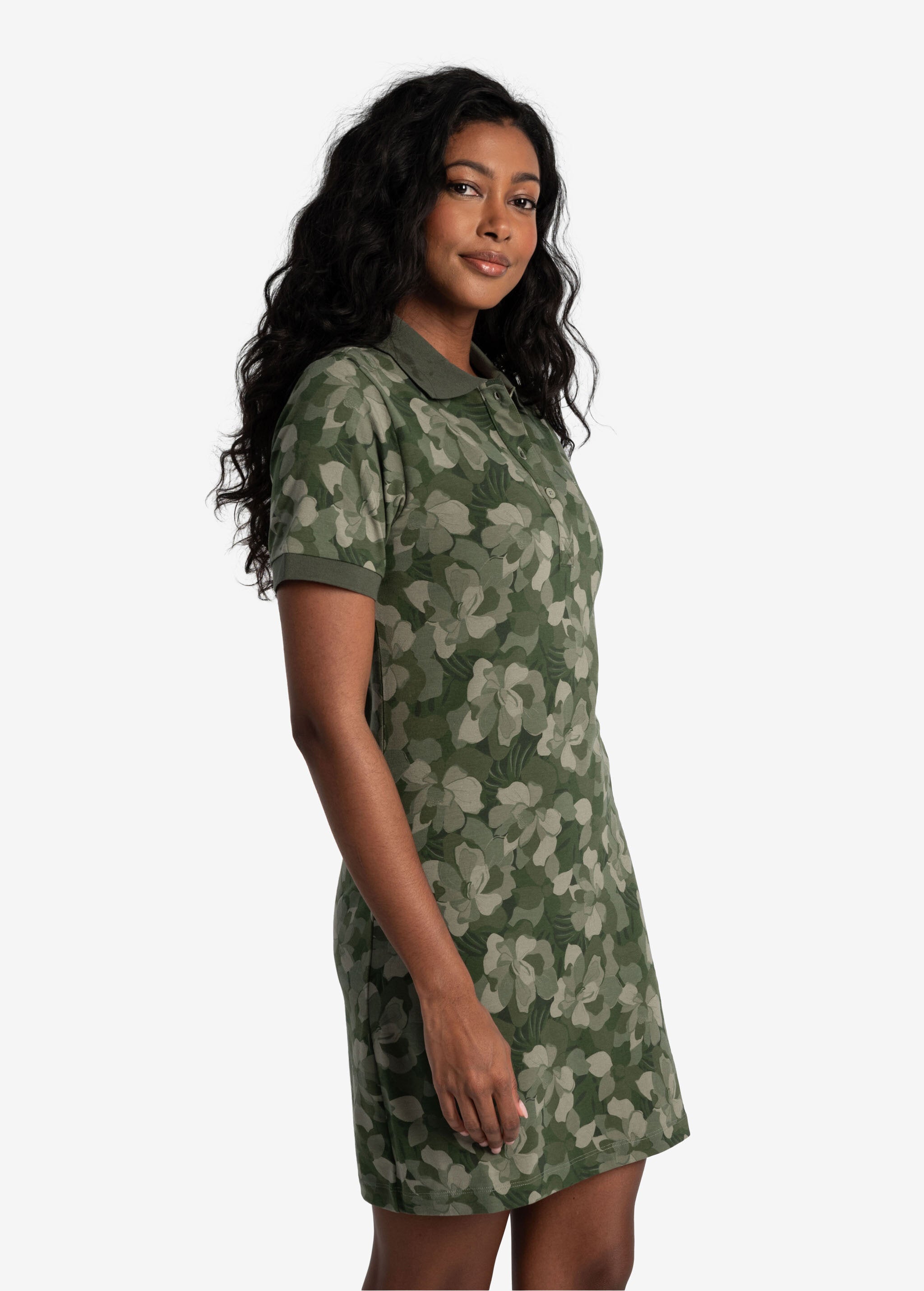 Lolë Effortless Polo Dress in olive green floral print — your perfect go-to dress, no matter the occasion