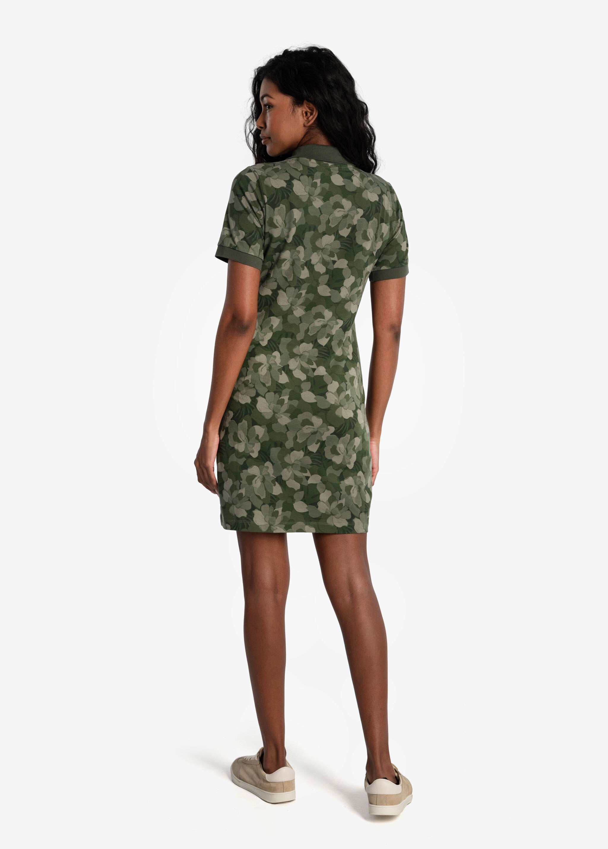 Lolë Effortless Polo Dress in olive green floral print — your perfect go-to dress, no matter the occasion