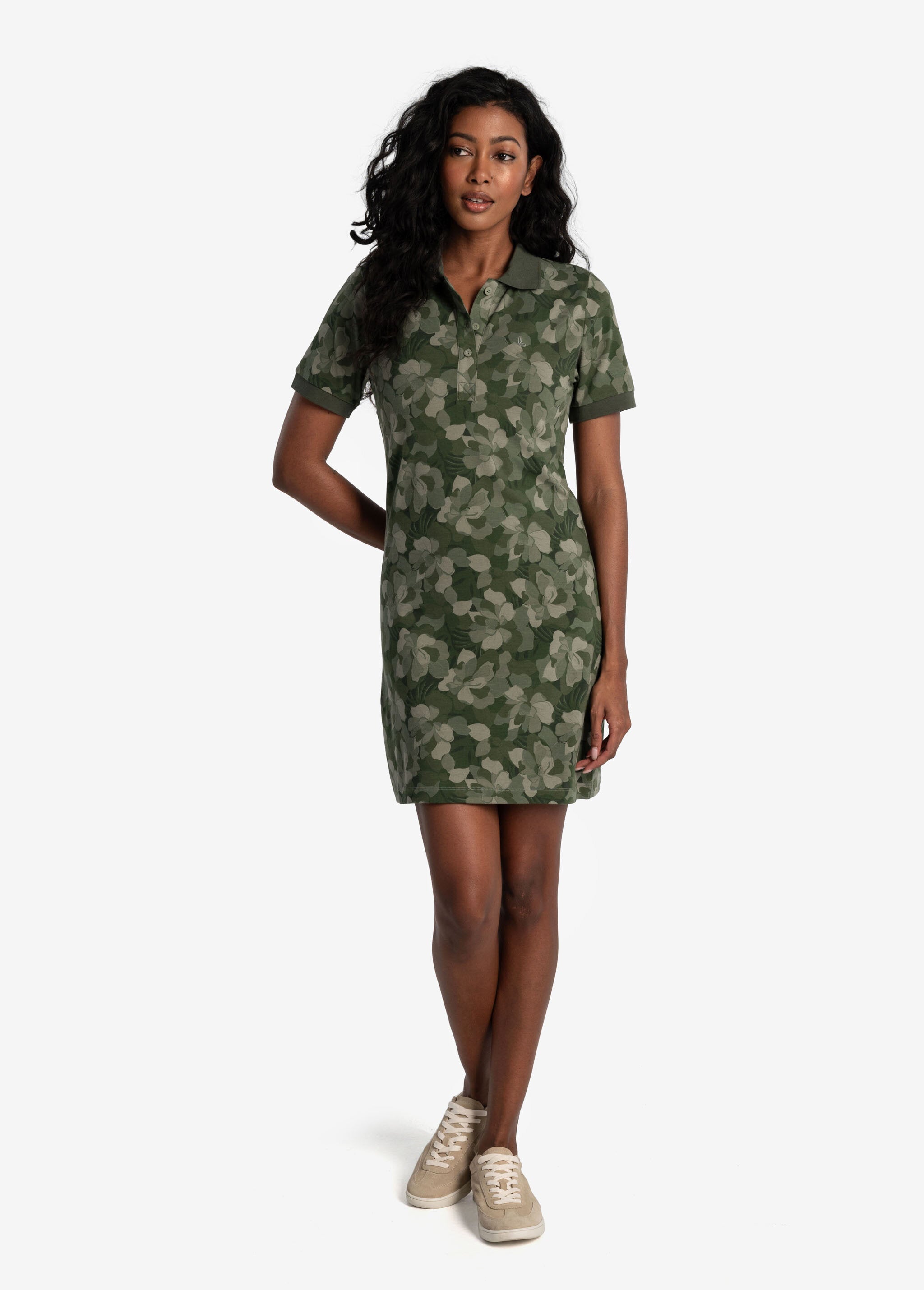 Lolë Effortless Polo Dress in olive green floral print — your perfect go-to dress, no matter the occasion