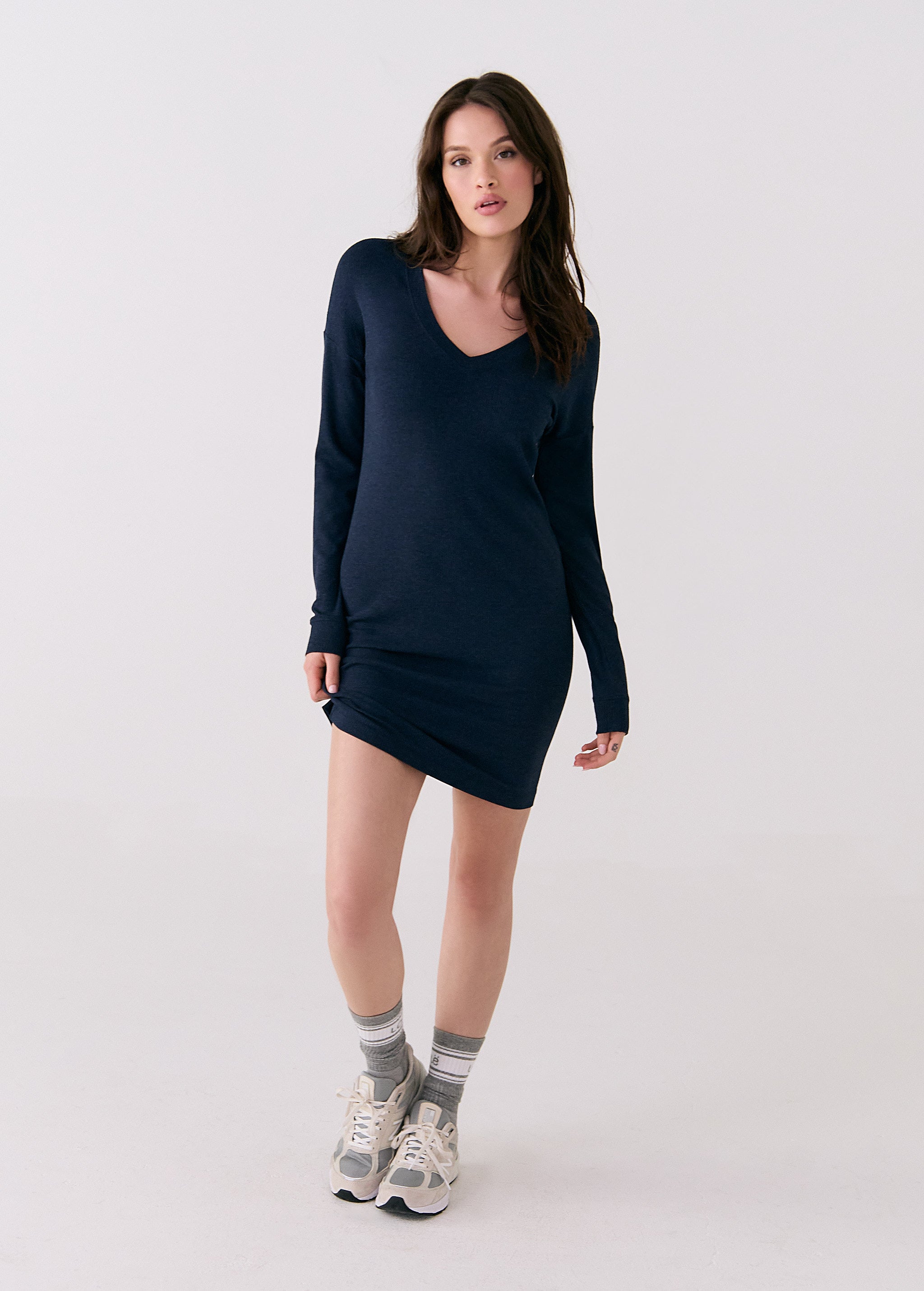Lolë Traverse V-Neck Dress in navy — this fully styled v-neck dress is your go-to when dressing up