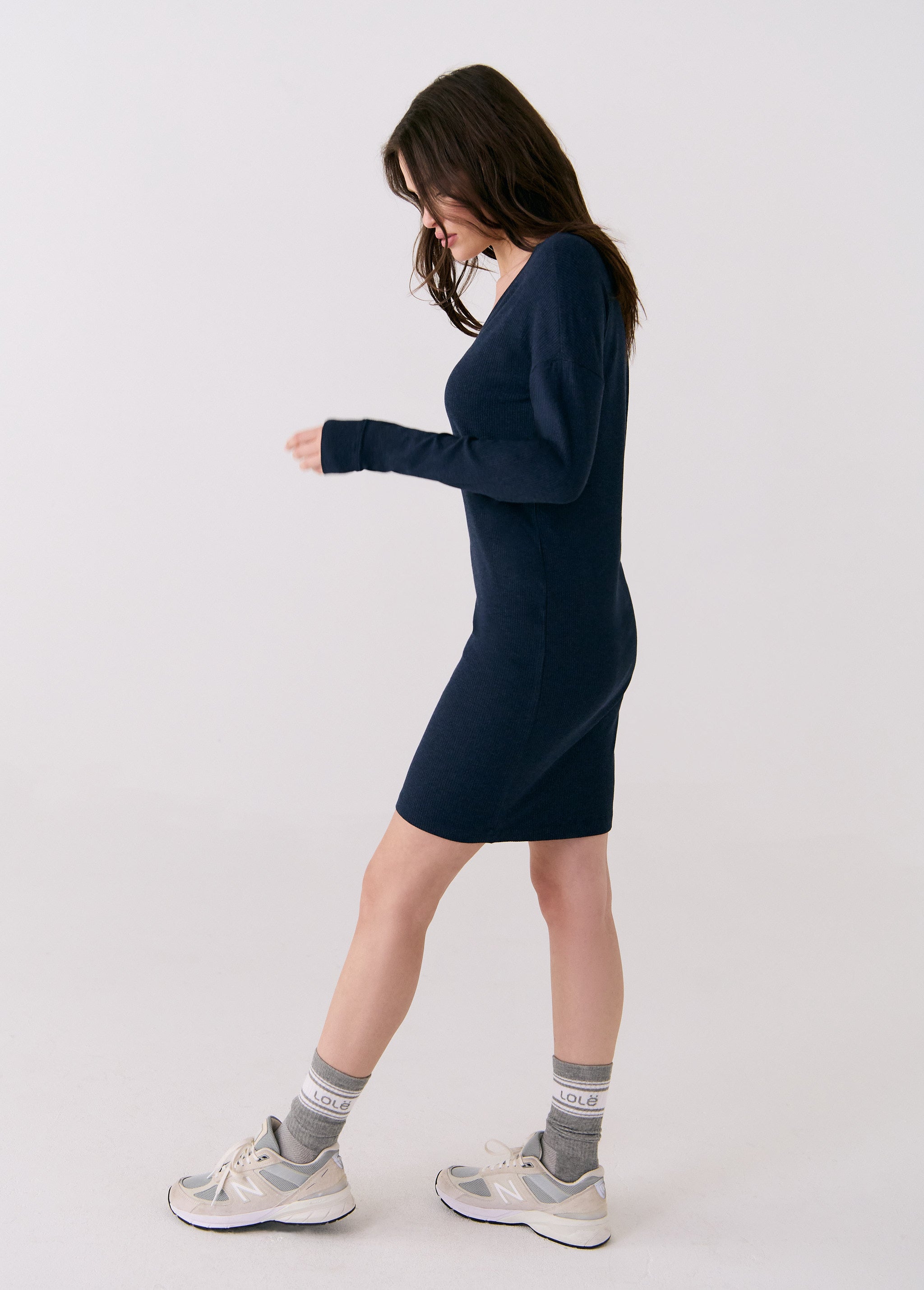Lolë Traverse V-Neck Dress in navy — this fully styled v-neck dress is your go-to when dressing up