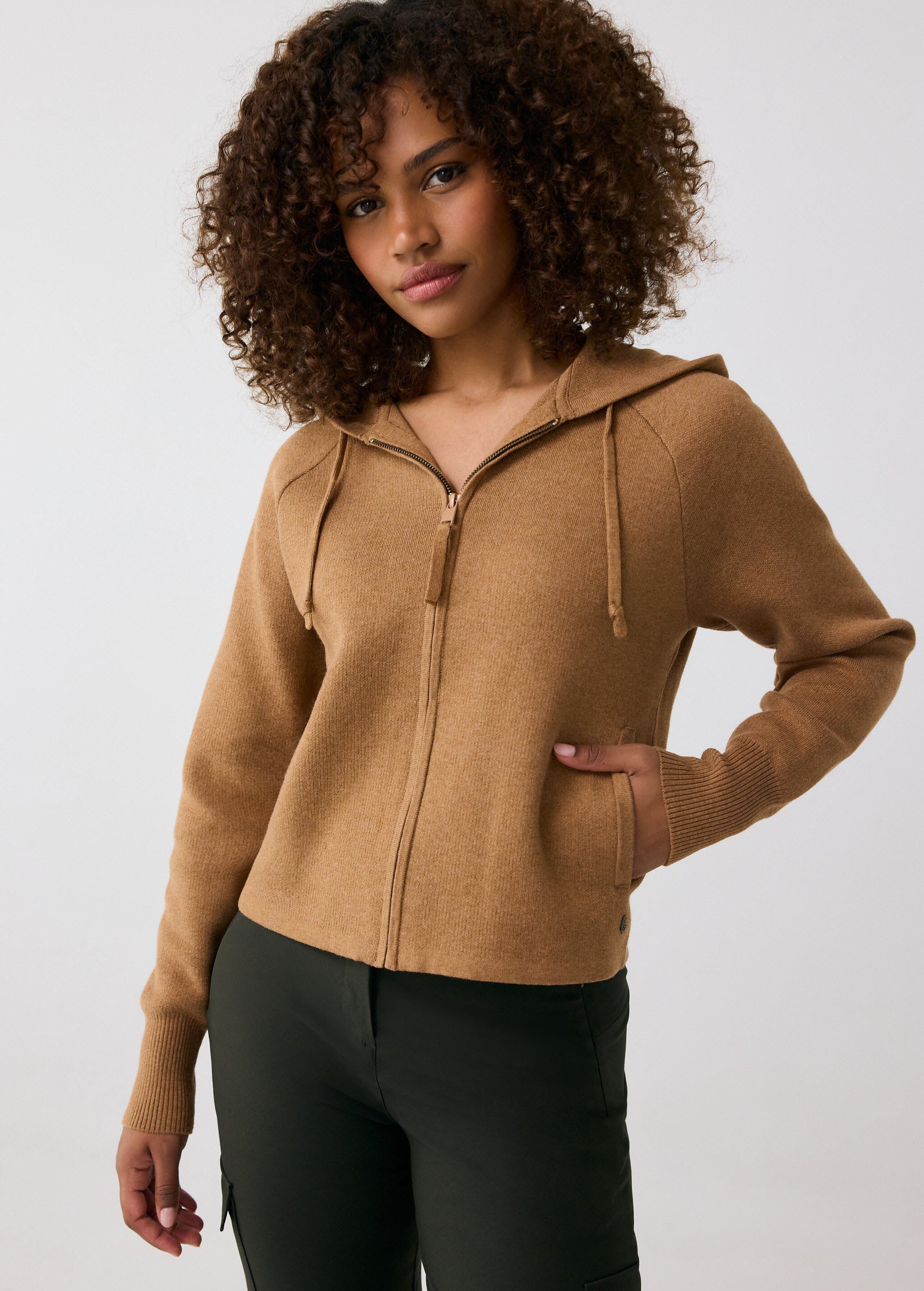 Lolë Willow Zip Cardigan in Carmel tan