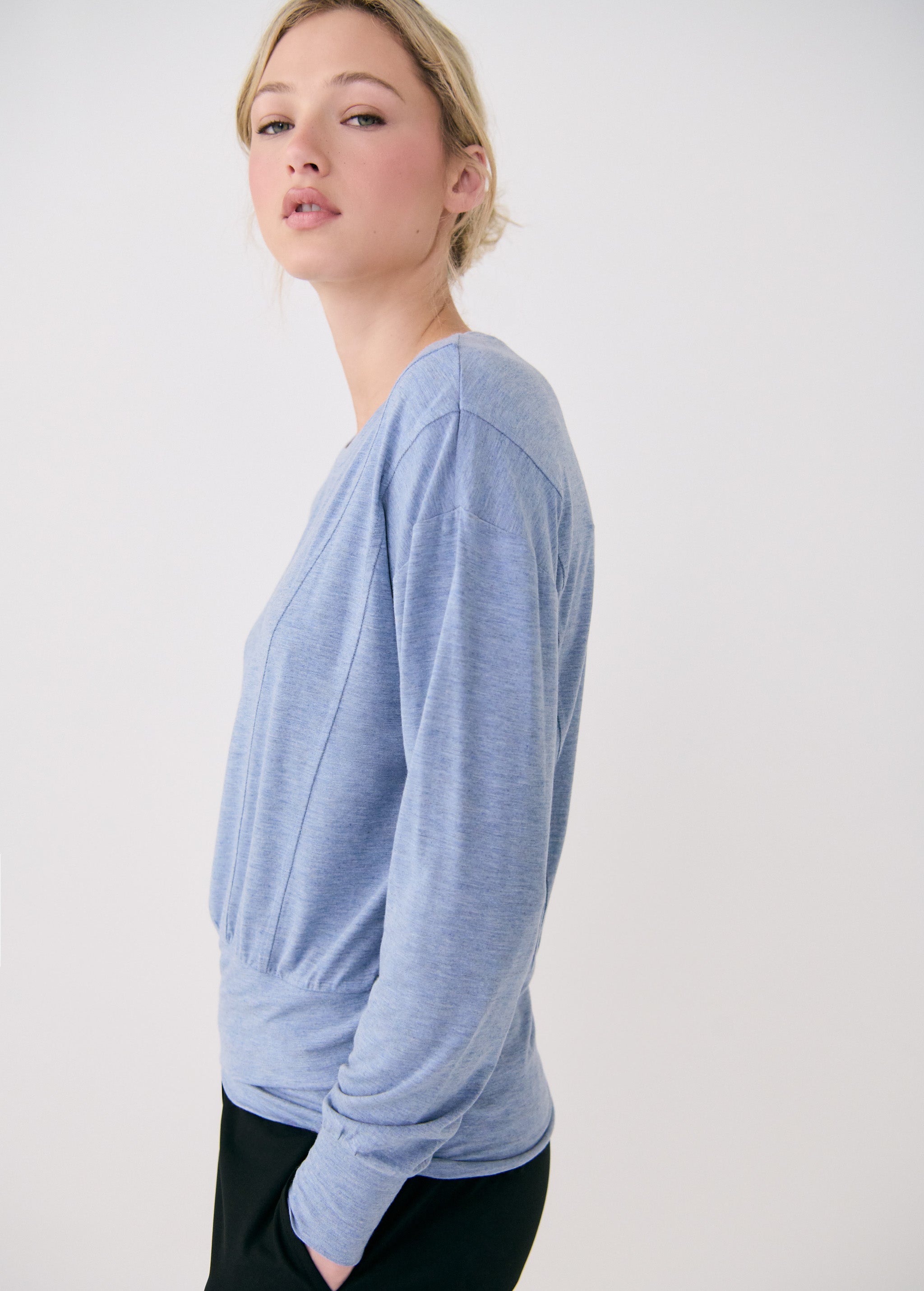 Lolë Elisia Long Sleeve in light blue — a long sleeve with a little extra built in