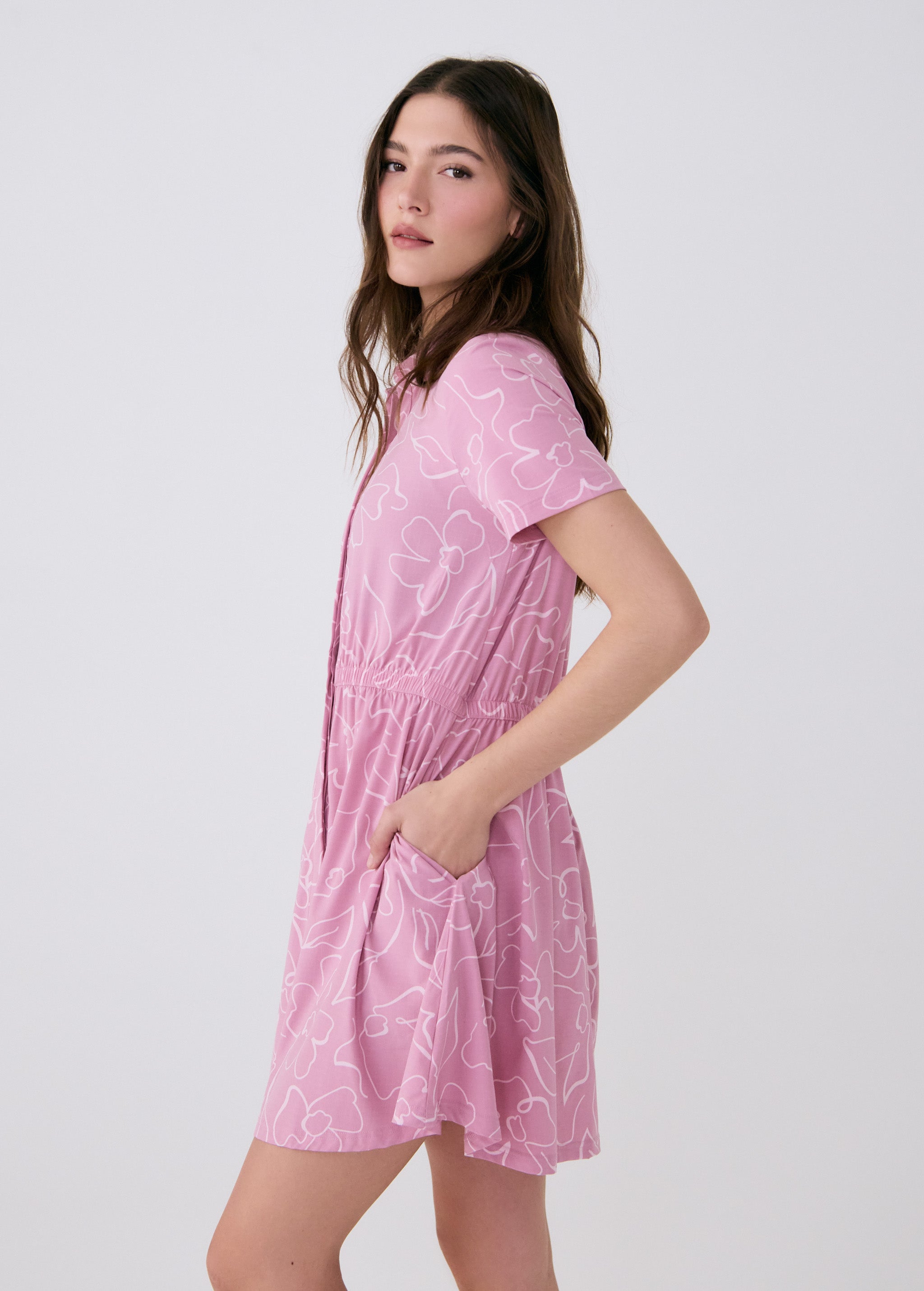 Lolë Sofia Dress Short Sleeves in pink floral print — the Sofia Short Sleeve Dress is made for everyday wear