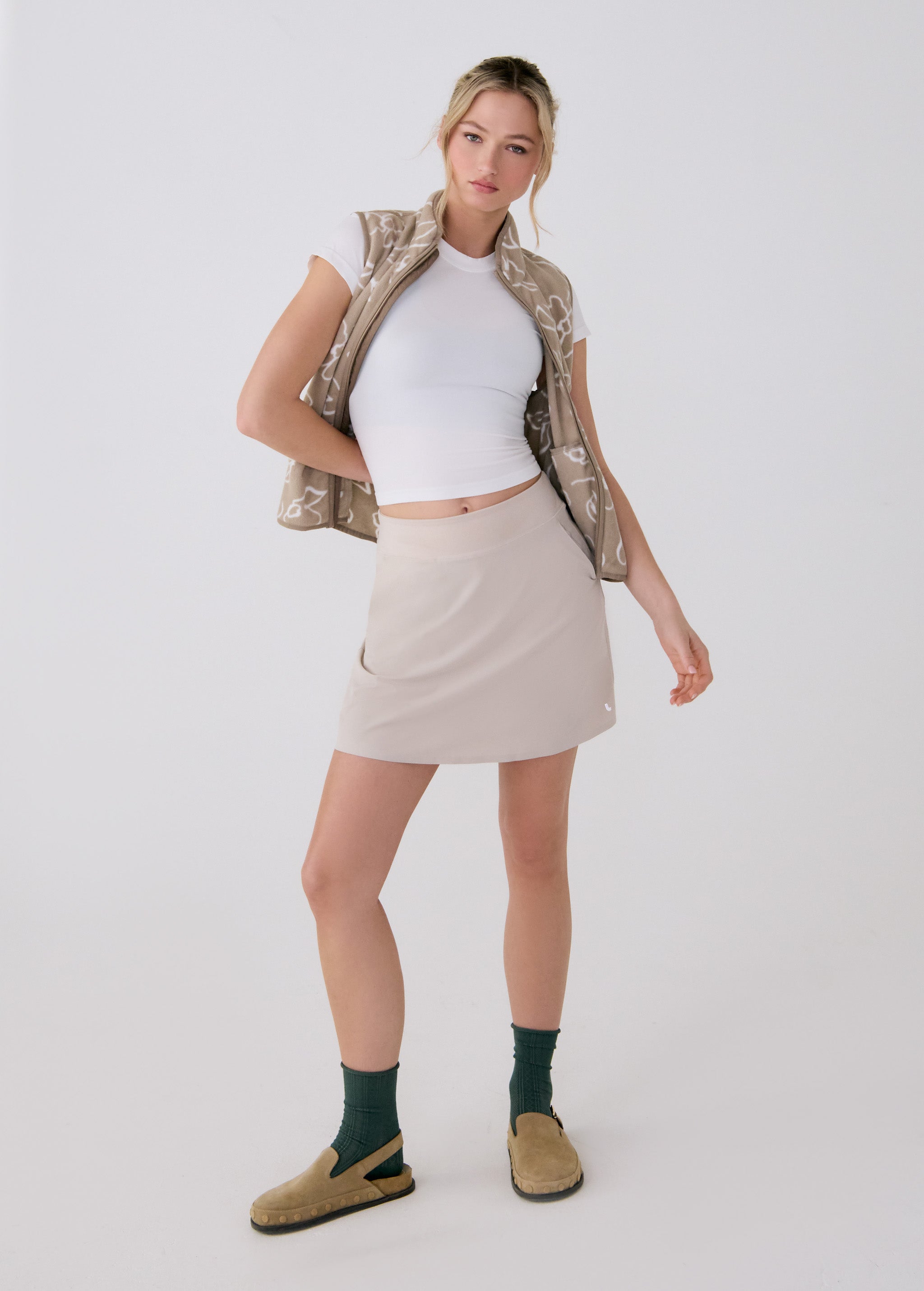 Lolë Aura Vest in beige floral print
