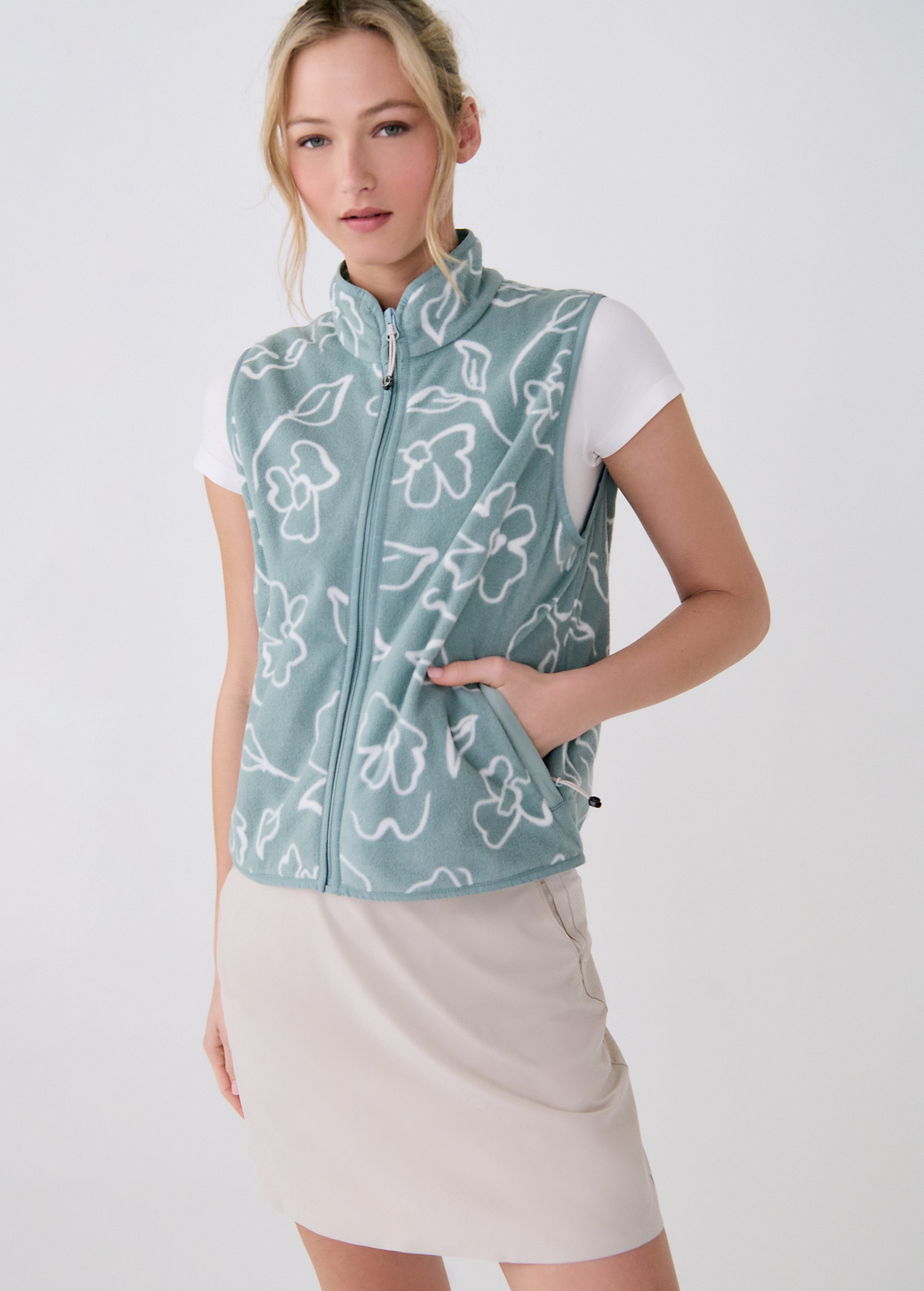 Lolë Aura Vest in sage green floral print