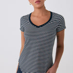 Lolë Dynamic V-neck in navy stripe — this V-neck tee proves that everyday essentials can still feel special