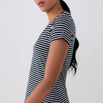 Lolë Dynamic V-neck in navy stripe — this V-neck tee proves that everyday essentials can still feel special