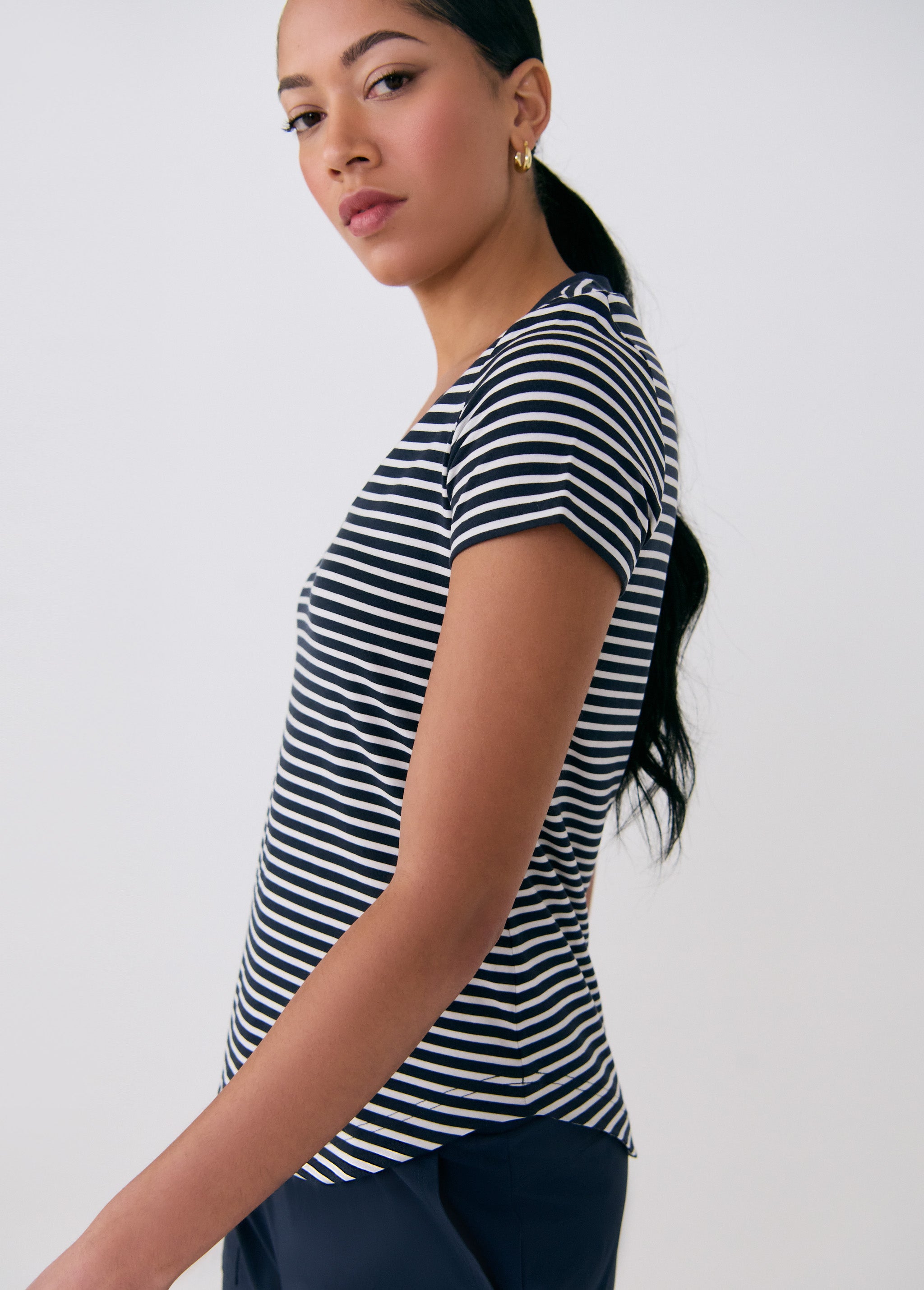 Lolë Dynamic V-neck in navy stripe — this V-neck tee proves that everyday essentials can still feel special